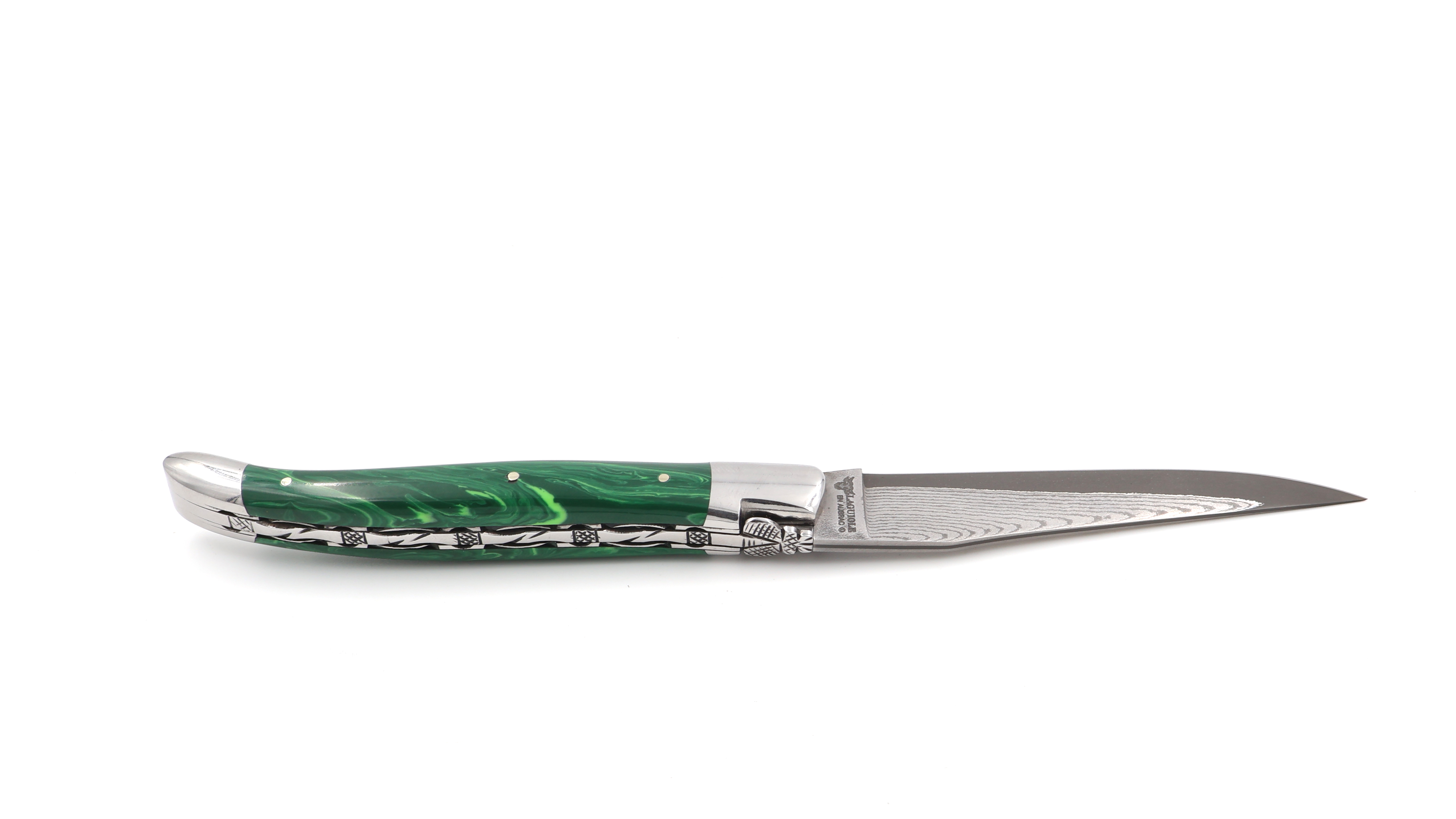 Laguiole en Aubrac knife jap. damascus Malachit with chiseled plates 12 cm