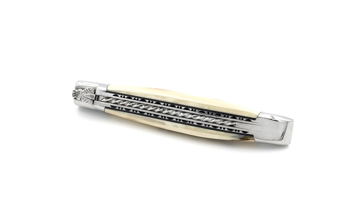 Laguiole en Aubrac Linien Damast Mammutelfenbein Kruste Doppelplatinen mit Spiralfeder 12 cm