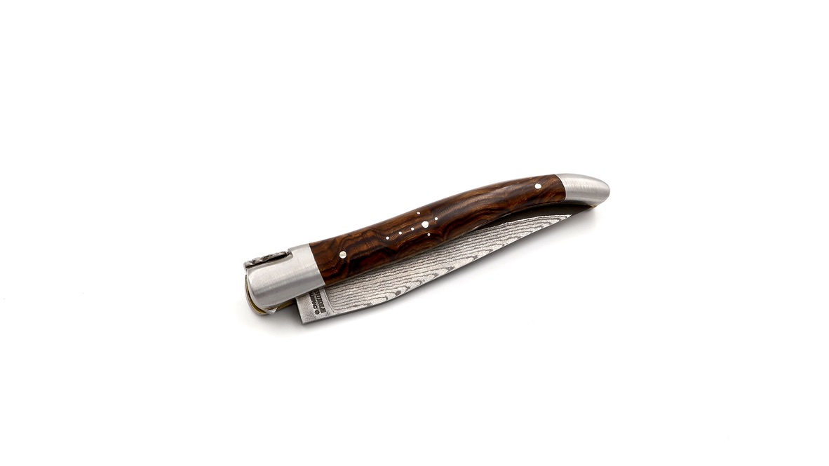 Laguiole en Aubrac jap. Damastklinge Wüsteneisenholz Wurzel Messing Doppelplatine 12 cm 