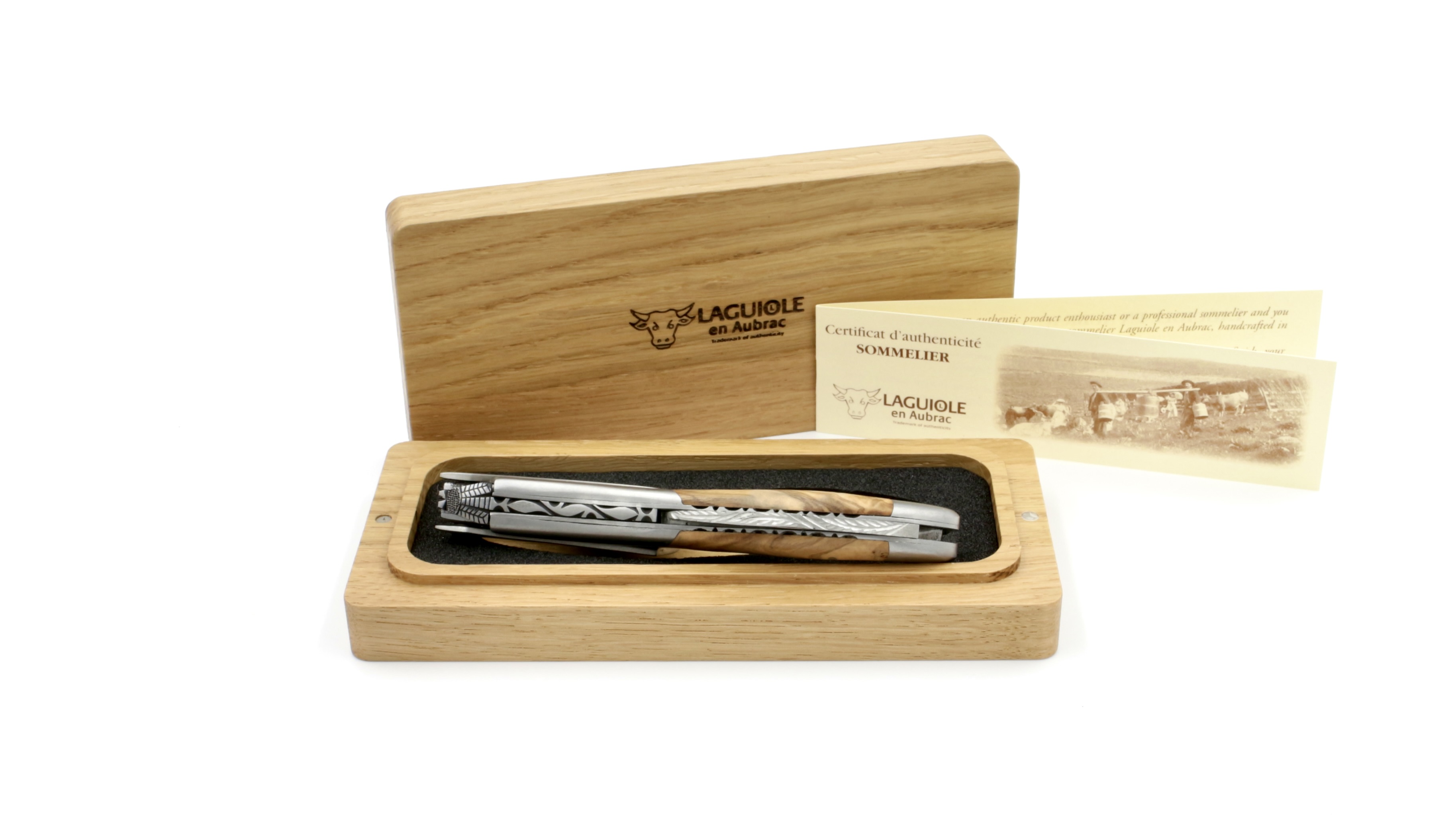 Laguiole en Aubrac Sommeliermesser Olive guillochiert, besondere Biene