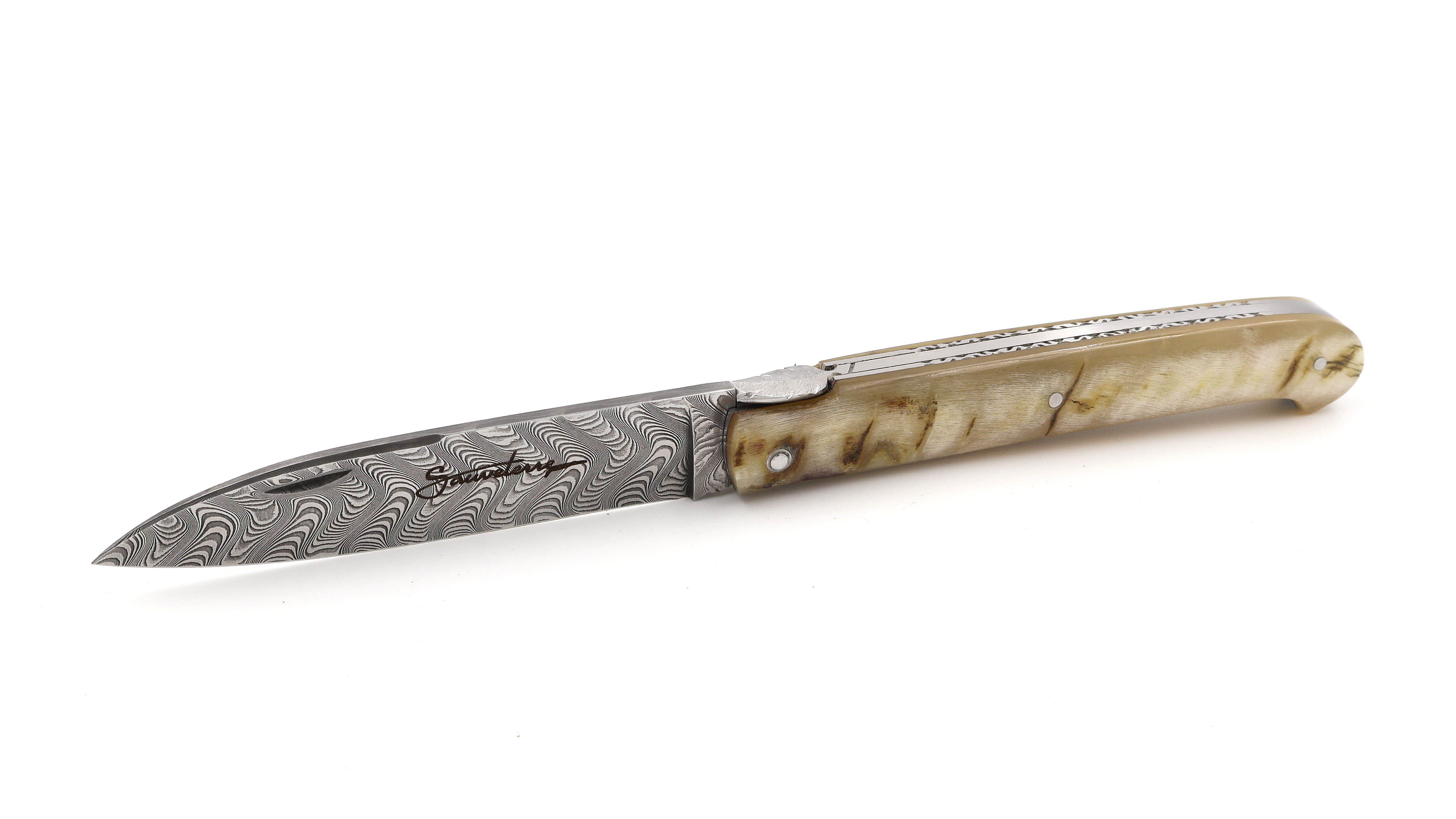 SAUVETERRE knife chiseled ram horn damascus blade 11 cm