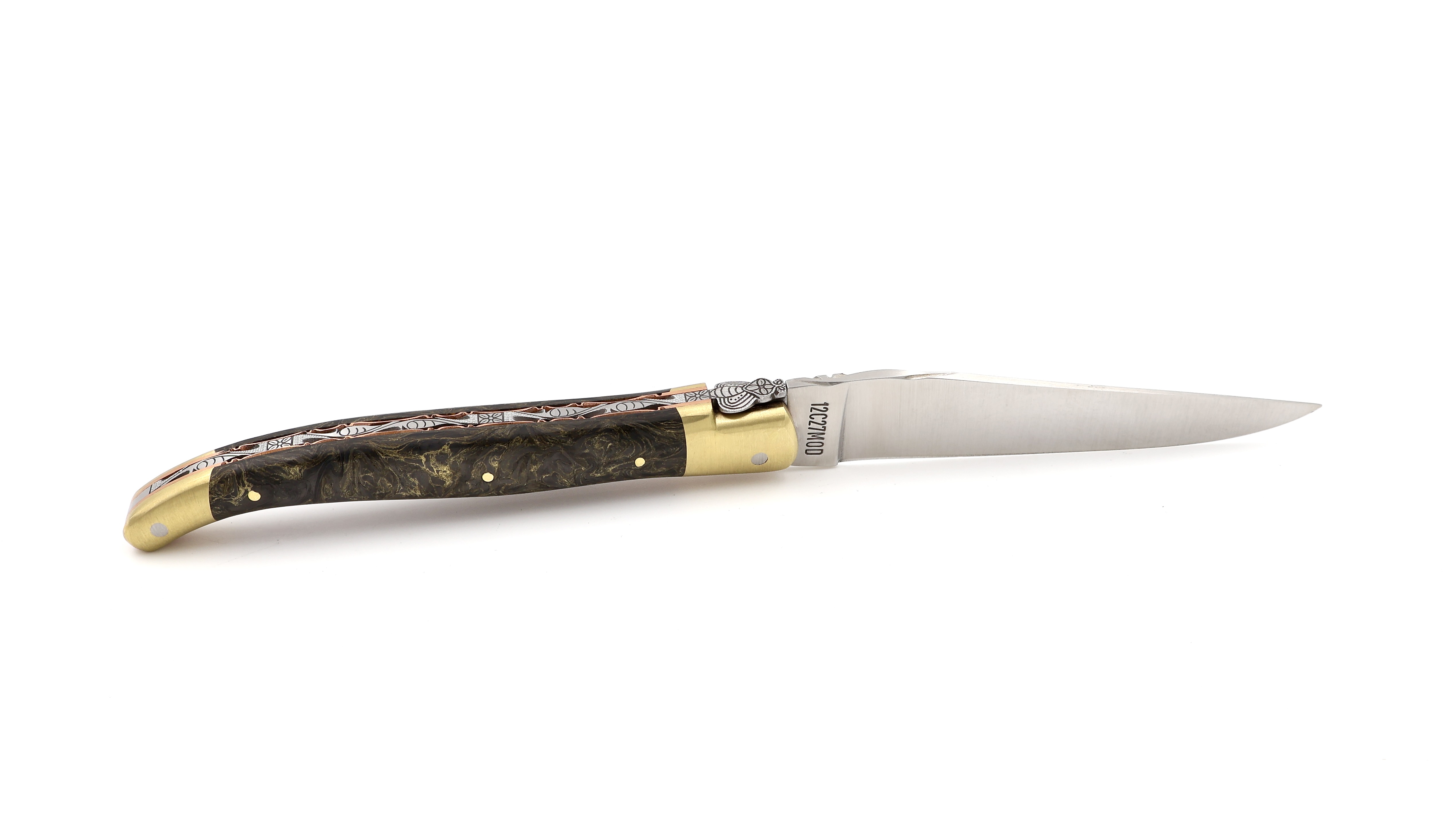 Laguiole en Aubrac BIJOU Messing Carbon guillochierte Platine 12 cm
