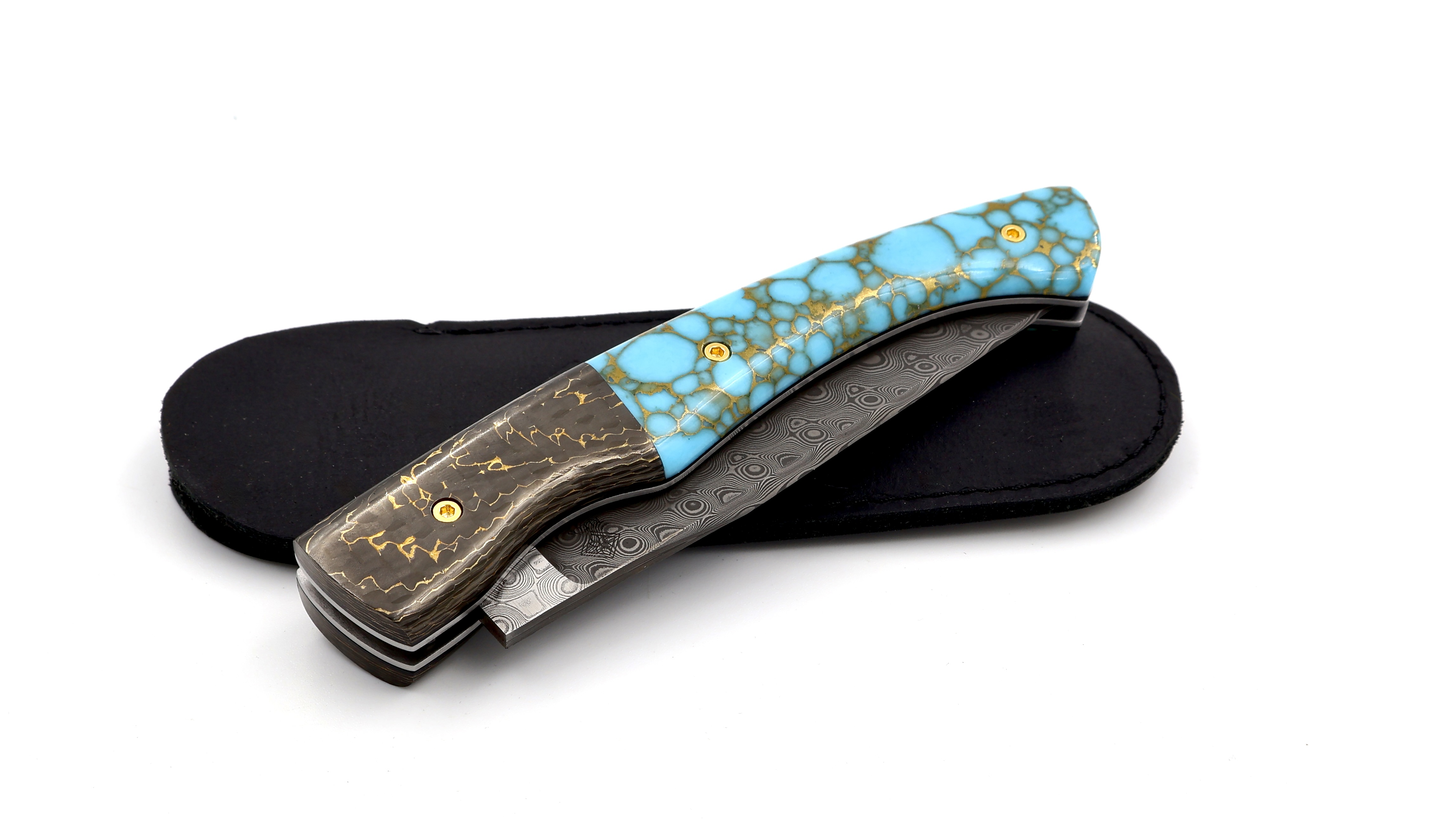 KLEOS Taschenmesser LYKOS Türkisstein und Karbonfiber Damastklinge  