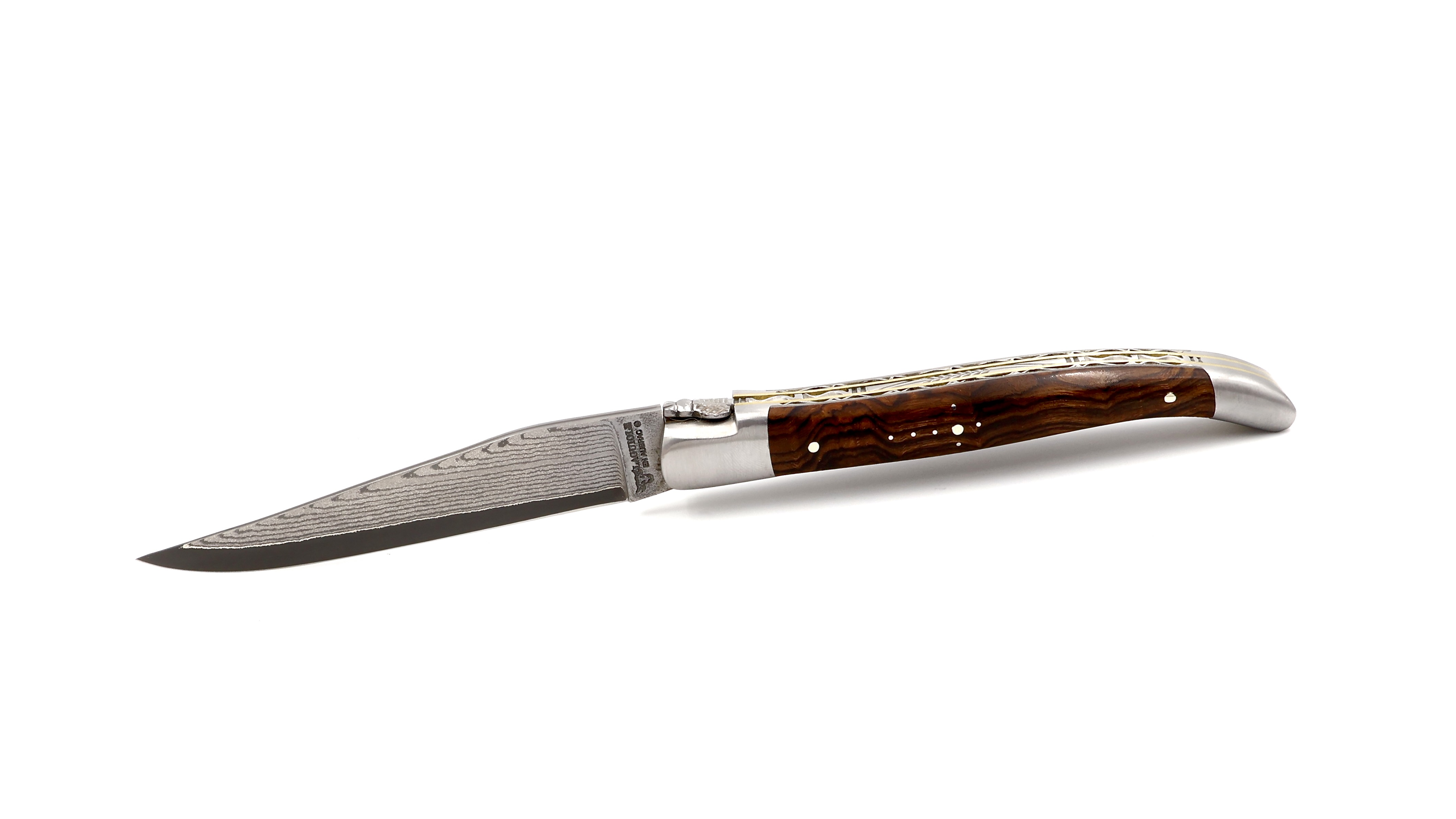 Laguiole en Aubrac jap. Damastklinge Wüsteneisenholz Wurzel Messing Doppelplatine 12 cm 