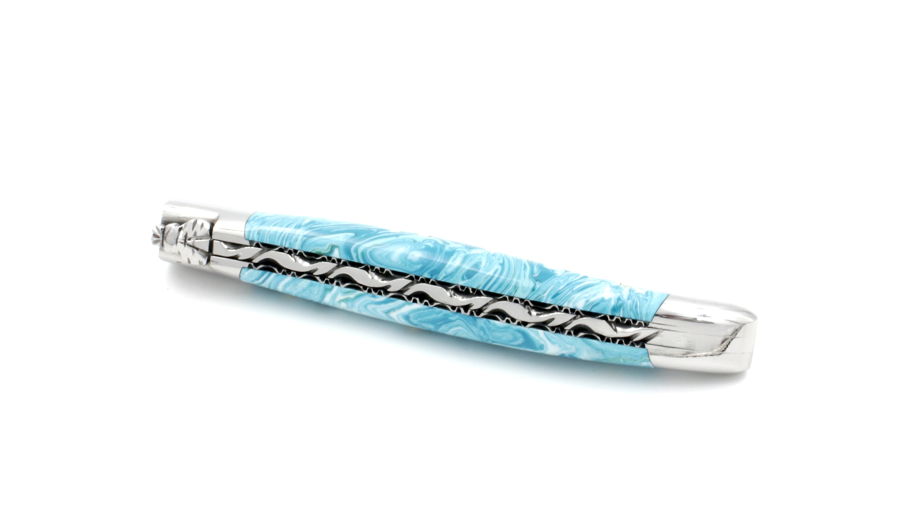 9A812B7A-46B8-44F9-AFE7-8D6B59A4BF0A_1_201_a Laguiole en Aubrac jap. Damastklinge Larimar guillochierte Platine 12 cm