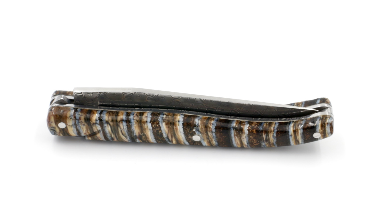 IMG_4003 Claude DOZORME Laguiole Messer LUX Mammutbackenzahn braun 12 cm Damastklinge