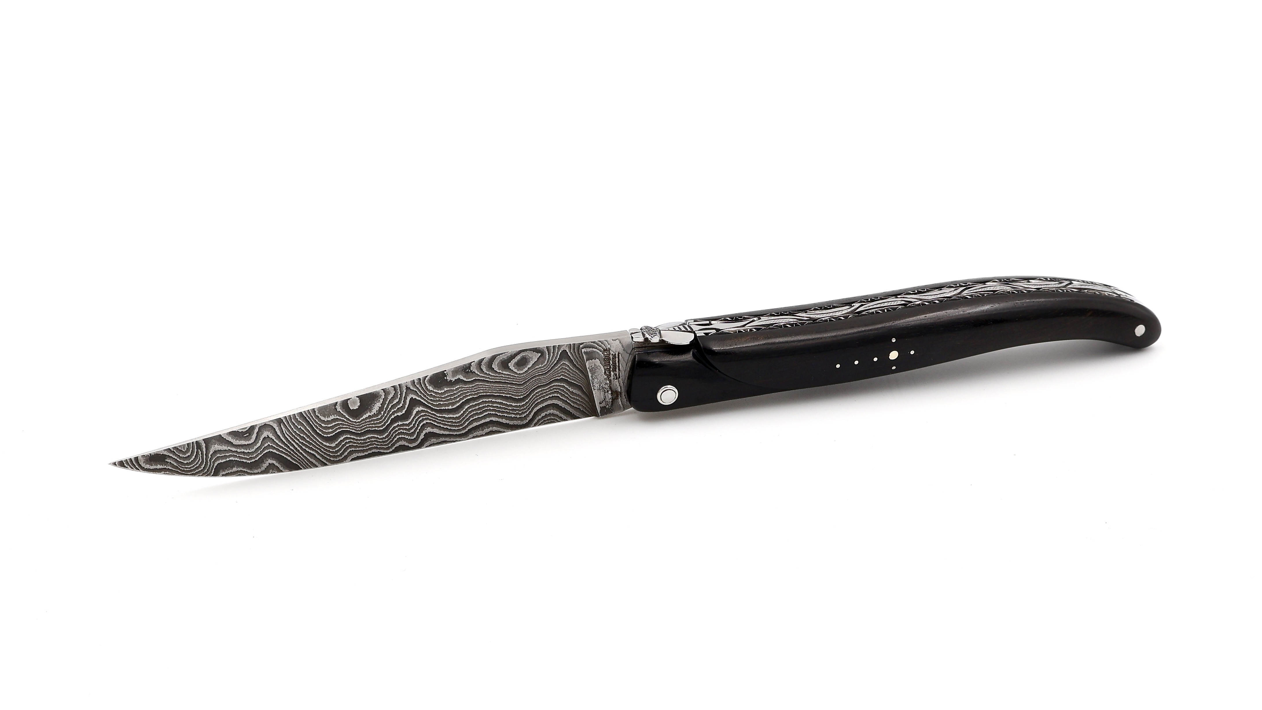 Laguiole en Aubrac double plates knife full handle ebony wood 12 cm damascus