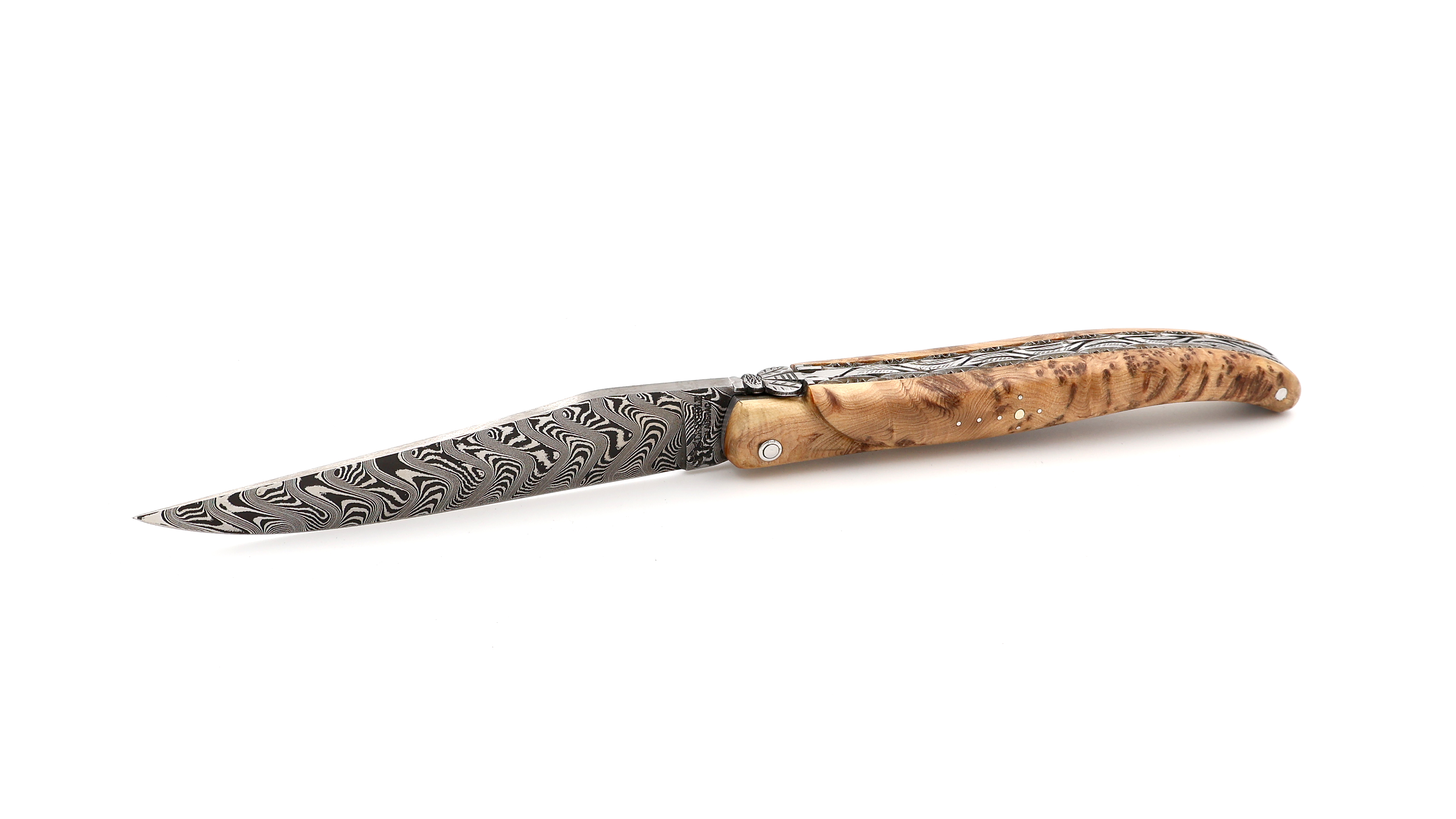 Laguiole en Aubrac  DSC® Carbon Damast Wacholder matt massiv Doppelplatine 12 cm