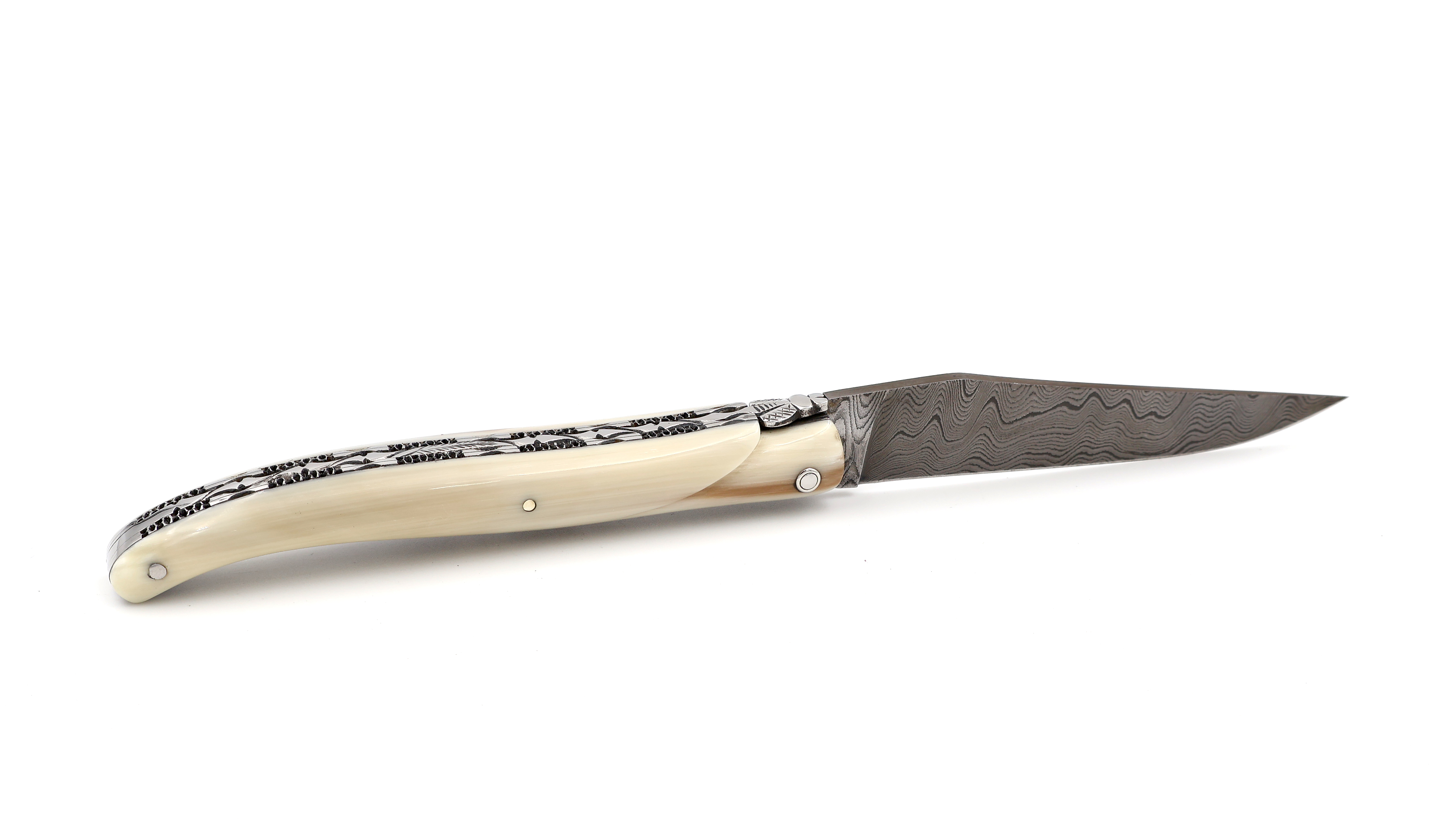 Laguiole en Aubrac Damast Hornspitze massiv Doppelplatine 12 cm