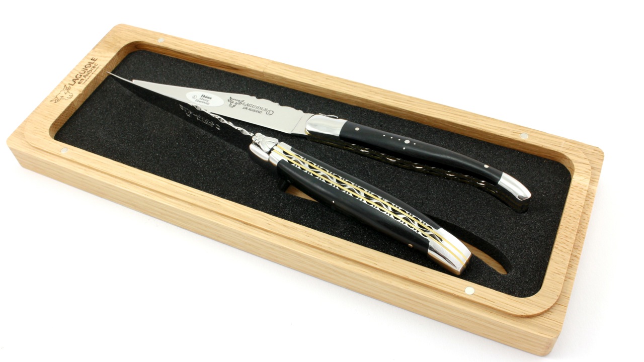 Laguiole en Aubrac Laguiole Doppelplatinen Steakmesser Ebenholz Set 2-tlg. poliert