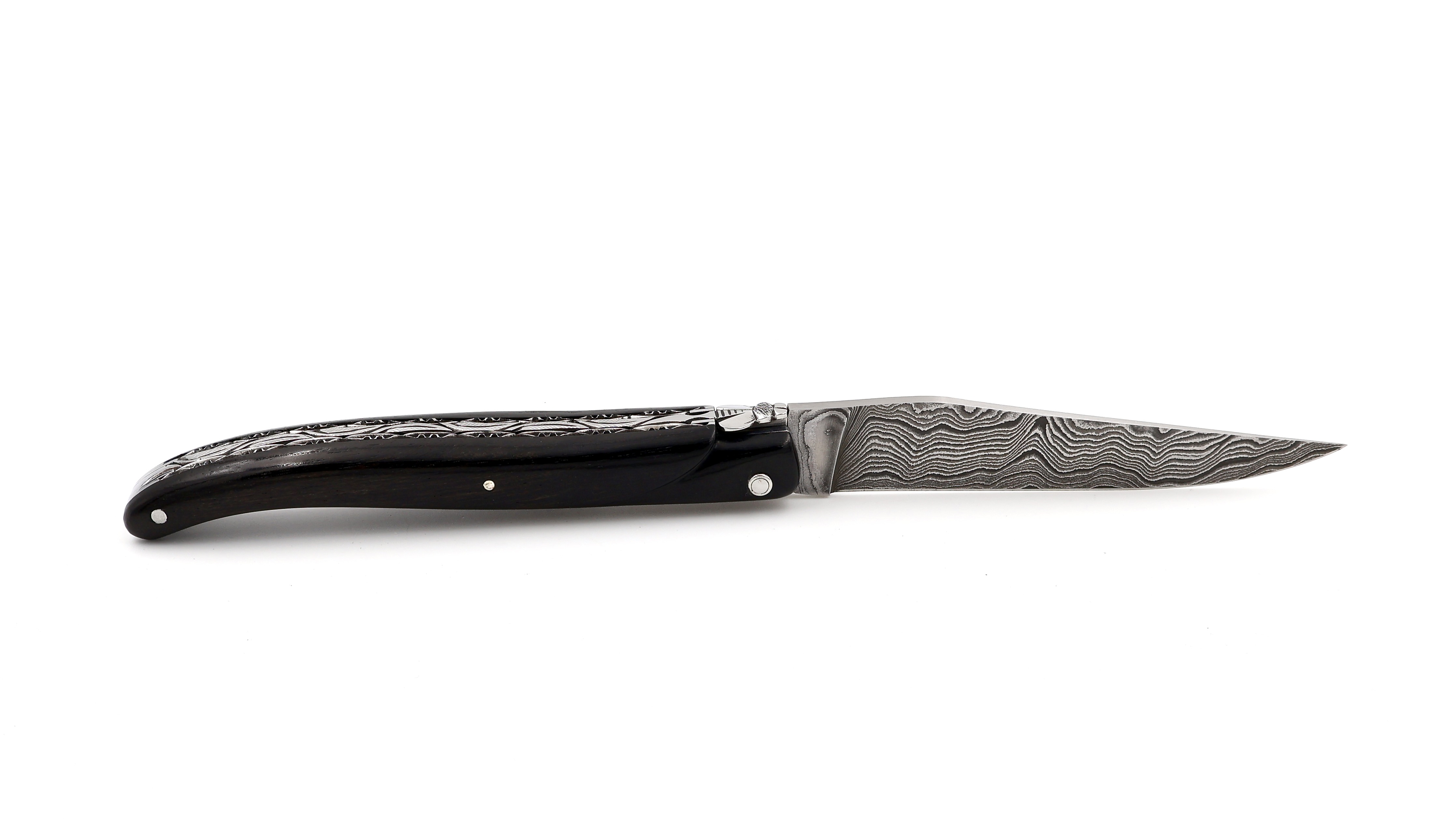 Laguiole en Aubrac double plates knife full handle ebony wood 12 cm damascus
