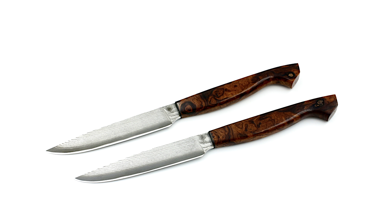 KLEOS Prestige Steakmesser VG 10 Damastklinge Wüsteneisen Wurzelholz Set 2-tlg.