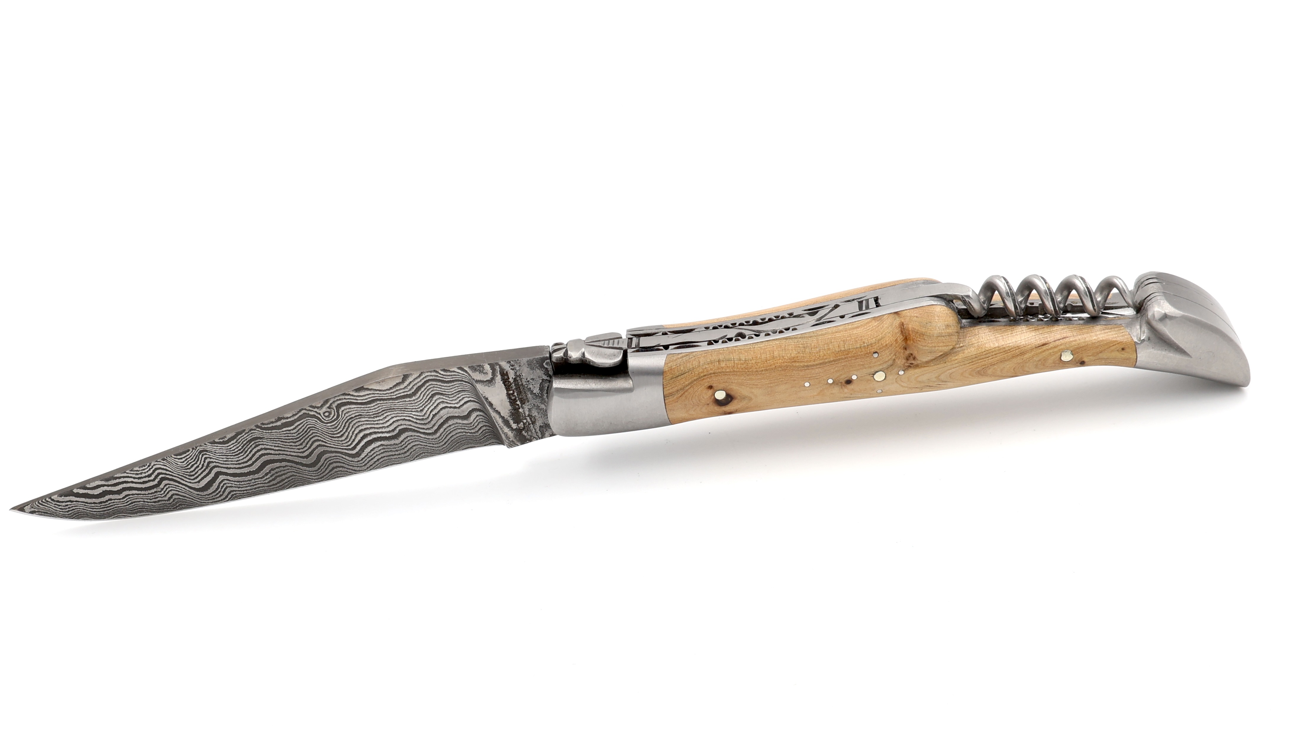 Laguiole en Aubrac double plate knife damascus corkscrew Juniper 12 cm