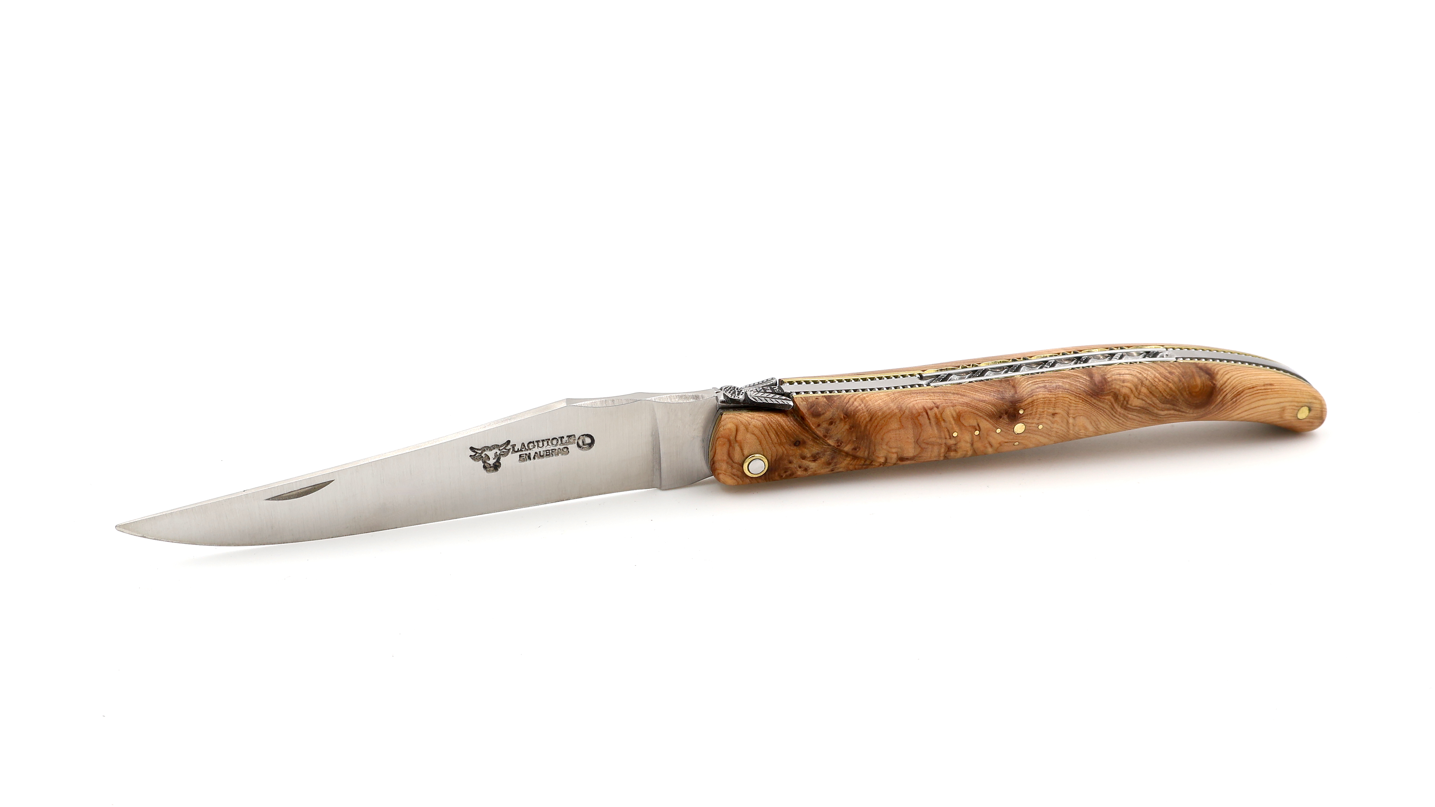 Laguiole en Aubrac Meisterstück "Perle" Wacholder Wurzelholz Doppelplatine Messing massiver Griff 12 cm