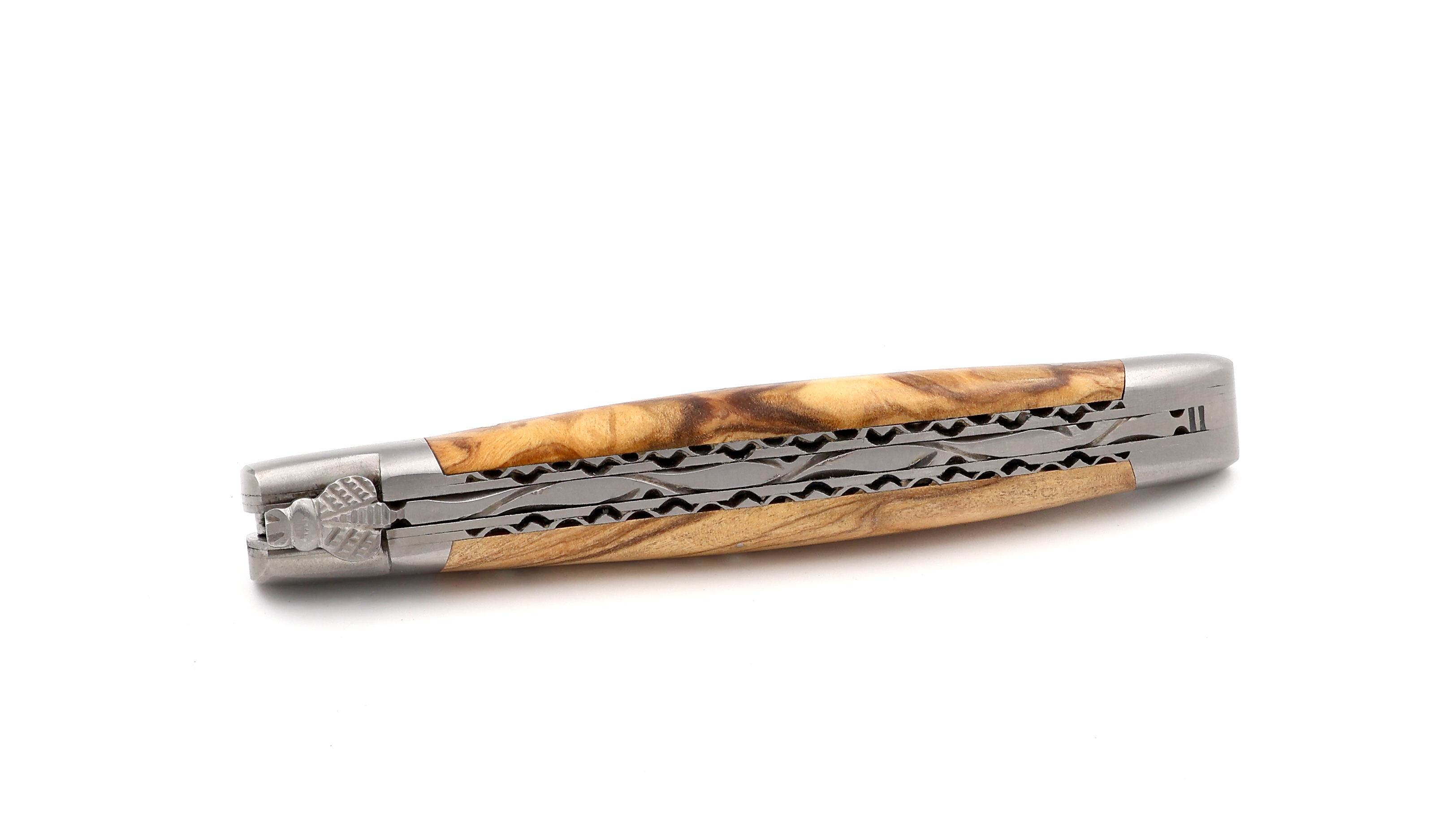 Laguiole en Aubrac double plate knife explosiondamascus olive wood 12 cm