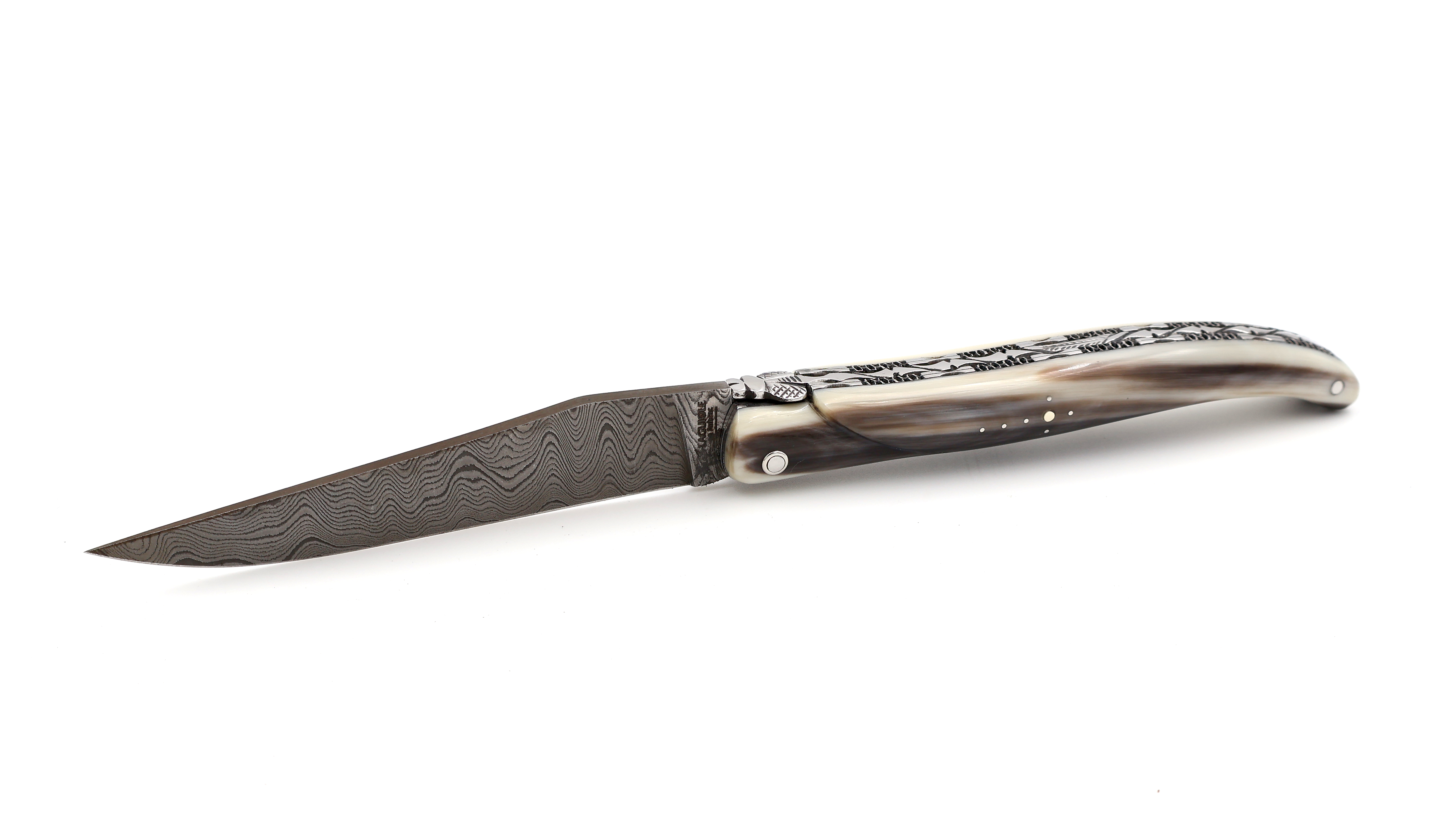 Laguiole en Aubrac Damast Hornspitze massiv Doppelplatine 12 cm