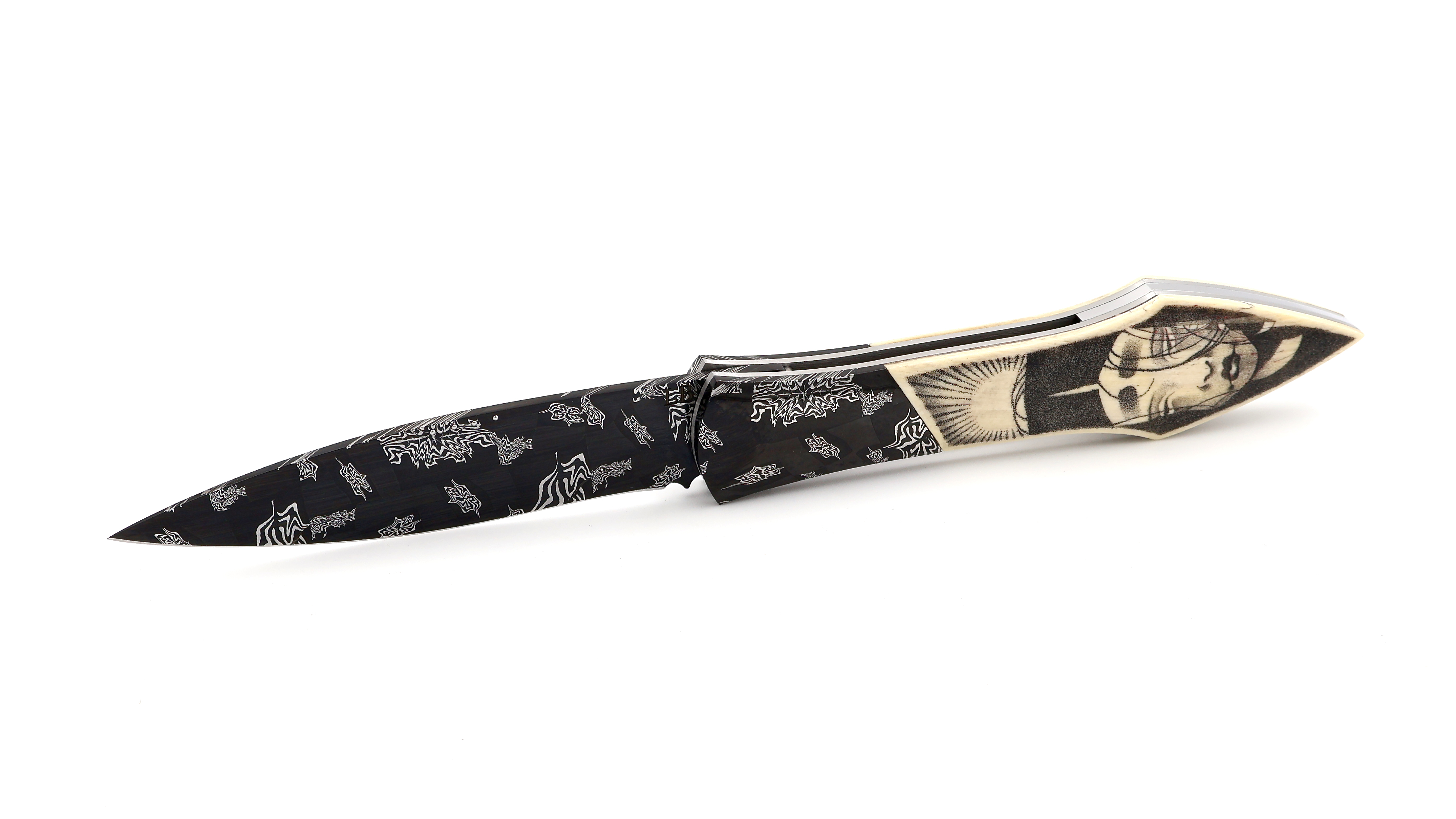 LARAUD Blades L’Oegopsyde Mammutelfenbein Scrimshaw Mosaik-Damastklinge