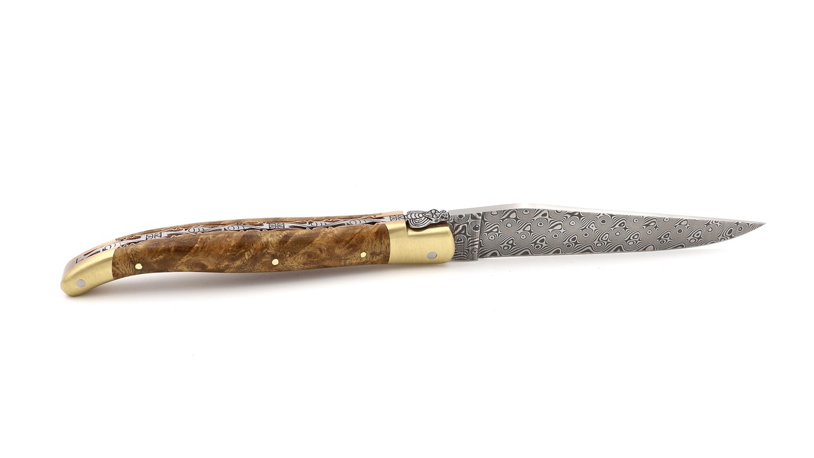 Laguiole en Aubrac BIJOU DSC® Rosendamast Amboina Wurzelholz guillochierte Platine 12 cm