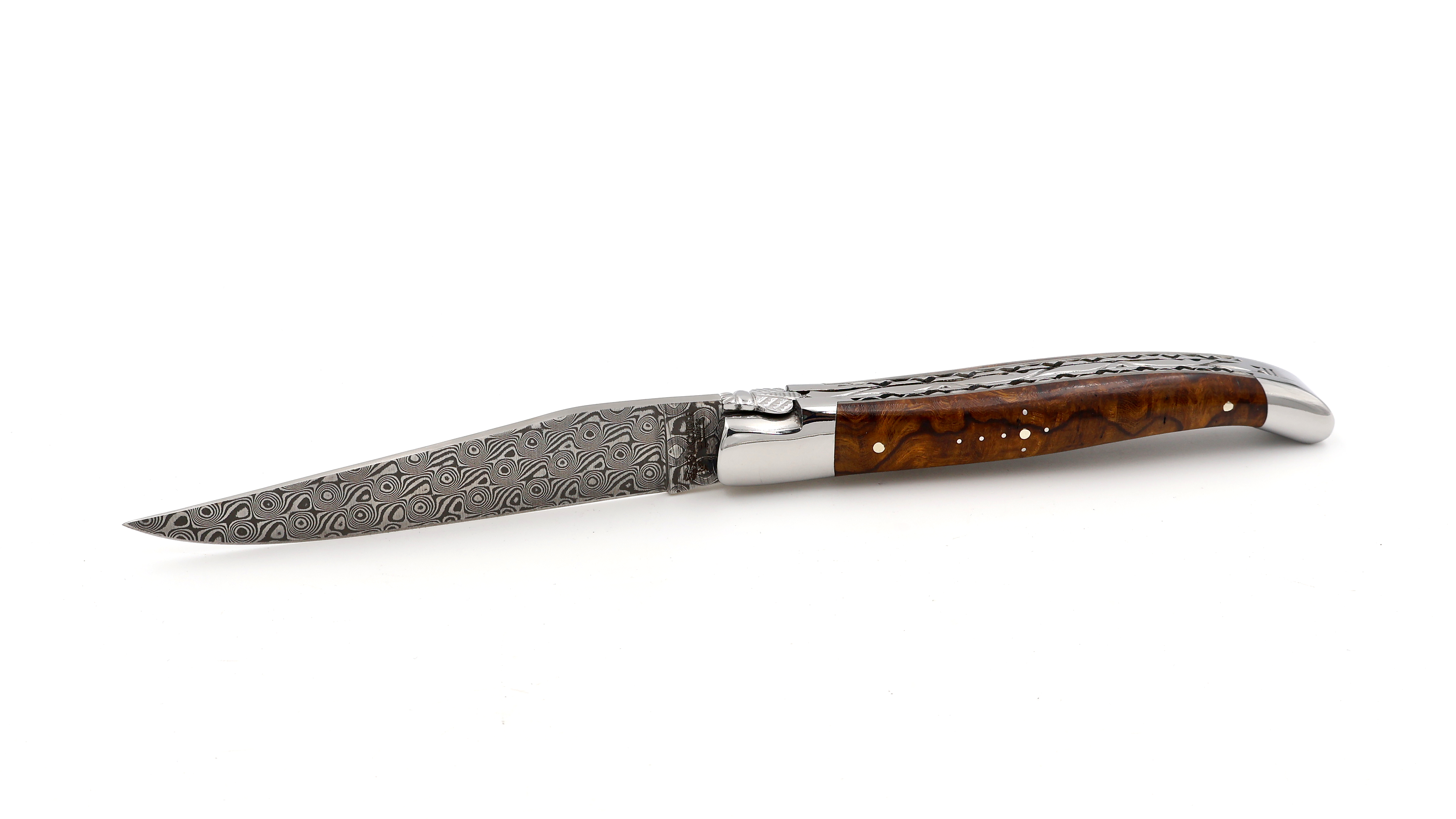 Laguiole en Aubrac DSC® Rosendamast Wüsteneisenholz Wurzel poliert Doppelplatine 12 cm