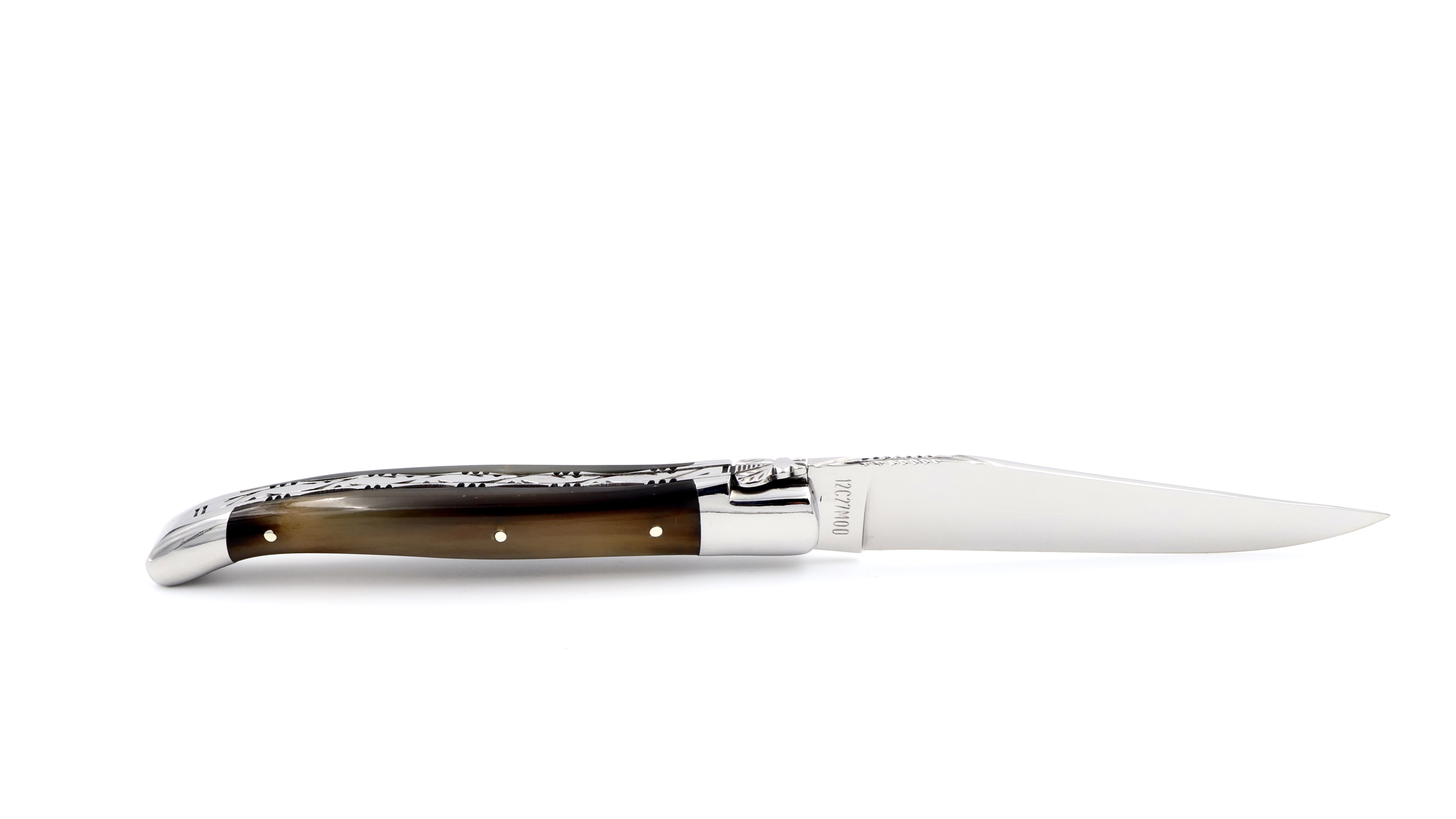 Laguiole en Aubrac guillochierte Platine Hornspitze 12 cm