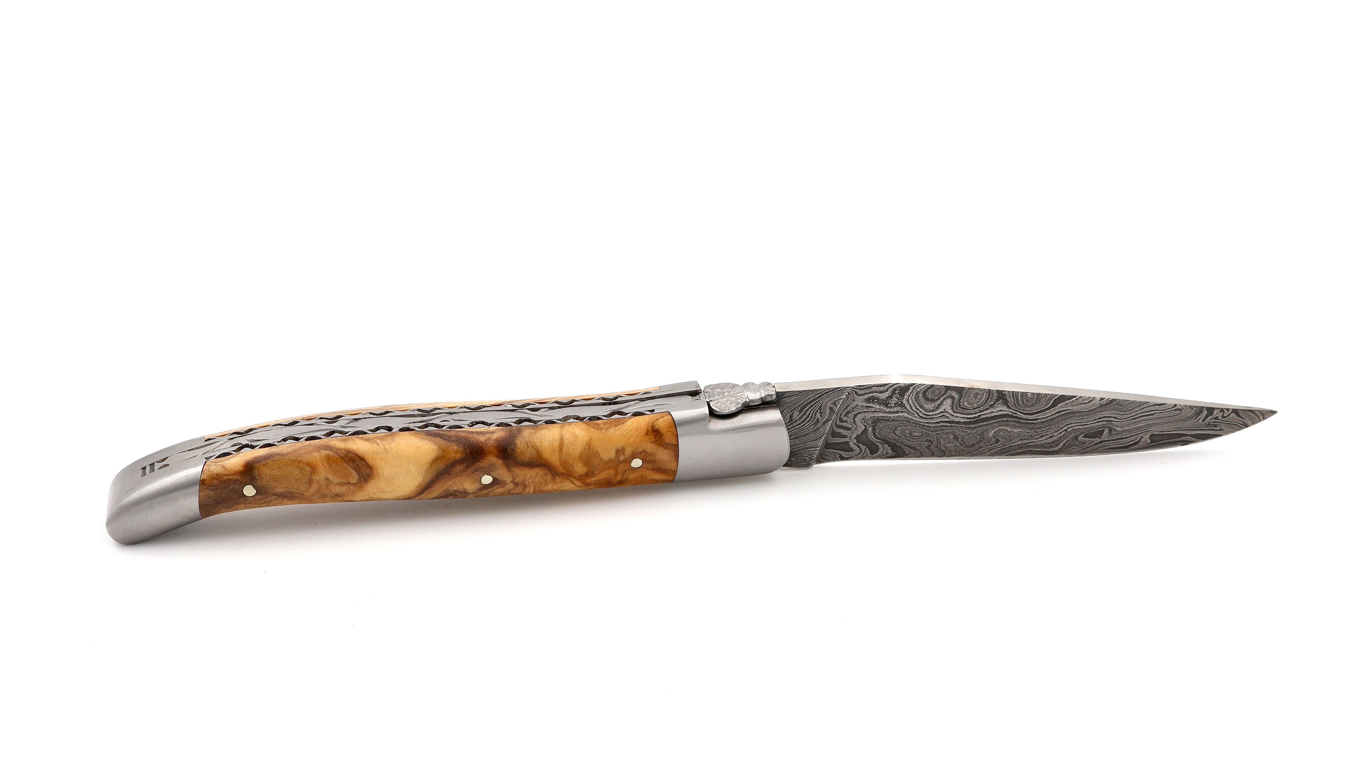 Laguiole en Aubrac double plate knife explosiondamascus olive wood 12 cm