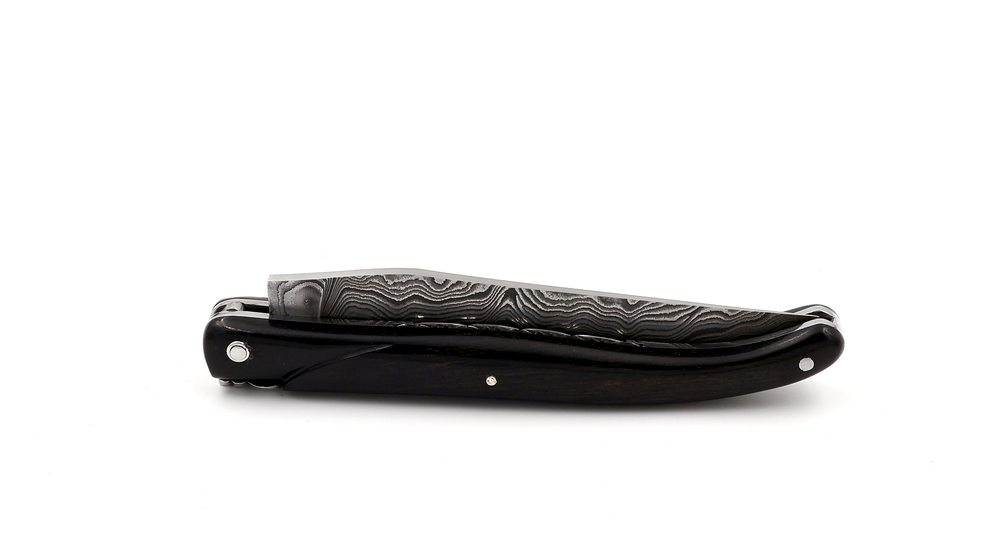 Laguiole en Aubrac double plates knife full handle ebony wood 12 cm damascus