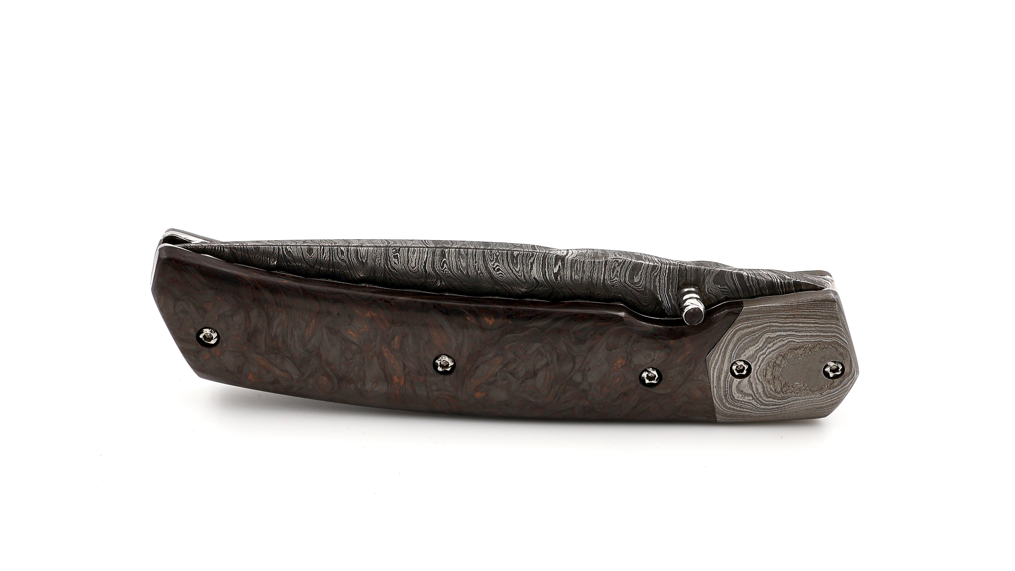 Olivier Moretti Linerlock Taschenmesser FAT Kupfer-Carbon Damastklinge
