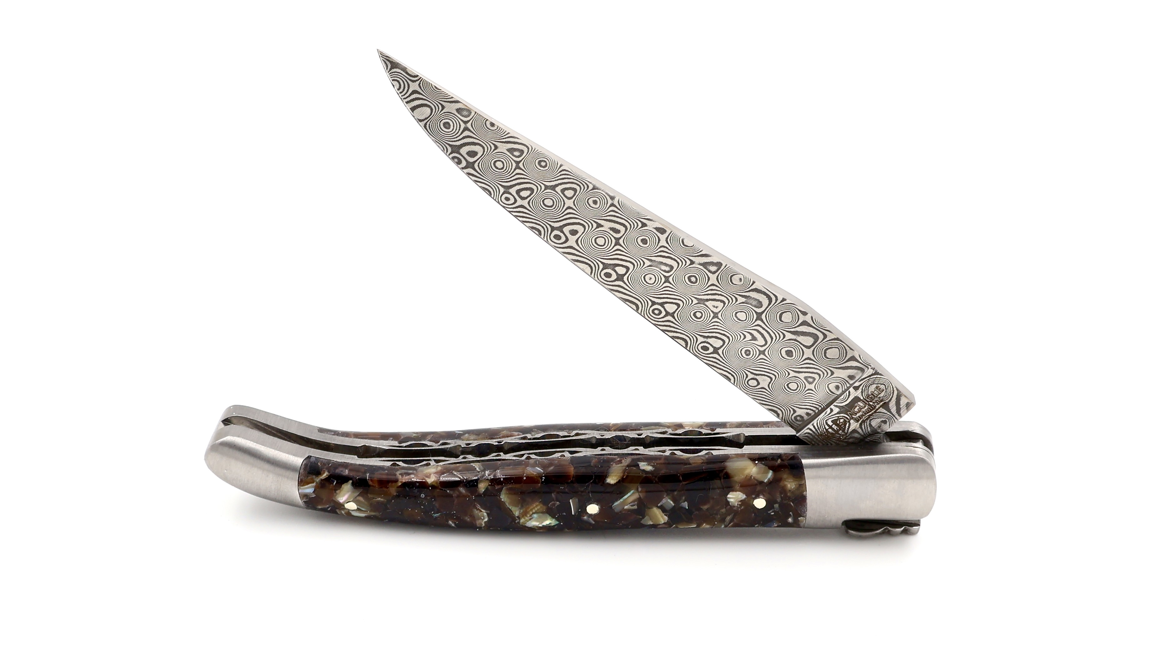Laguiole en Aubrac DSC® damascus, abalone & mussel shell doubleplates 12 cm