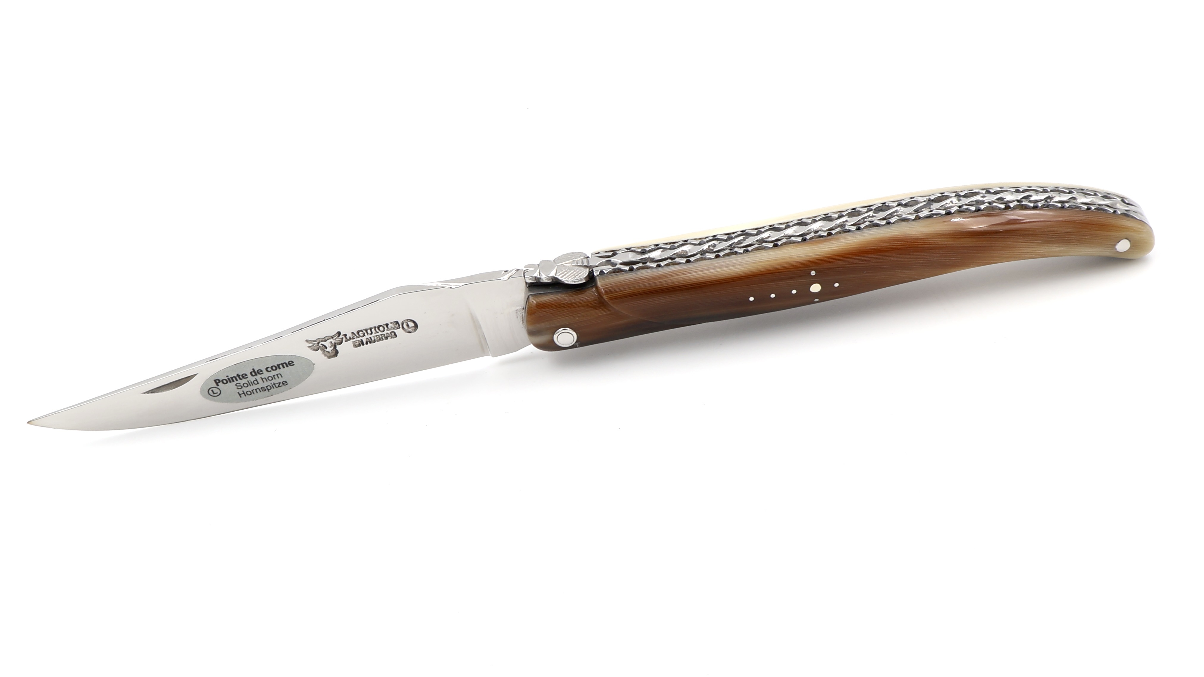 Laguiole en Aubrac double plates knife Spiral spring full handle Horn tip 12 cm