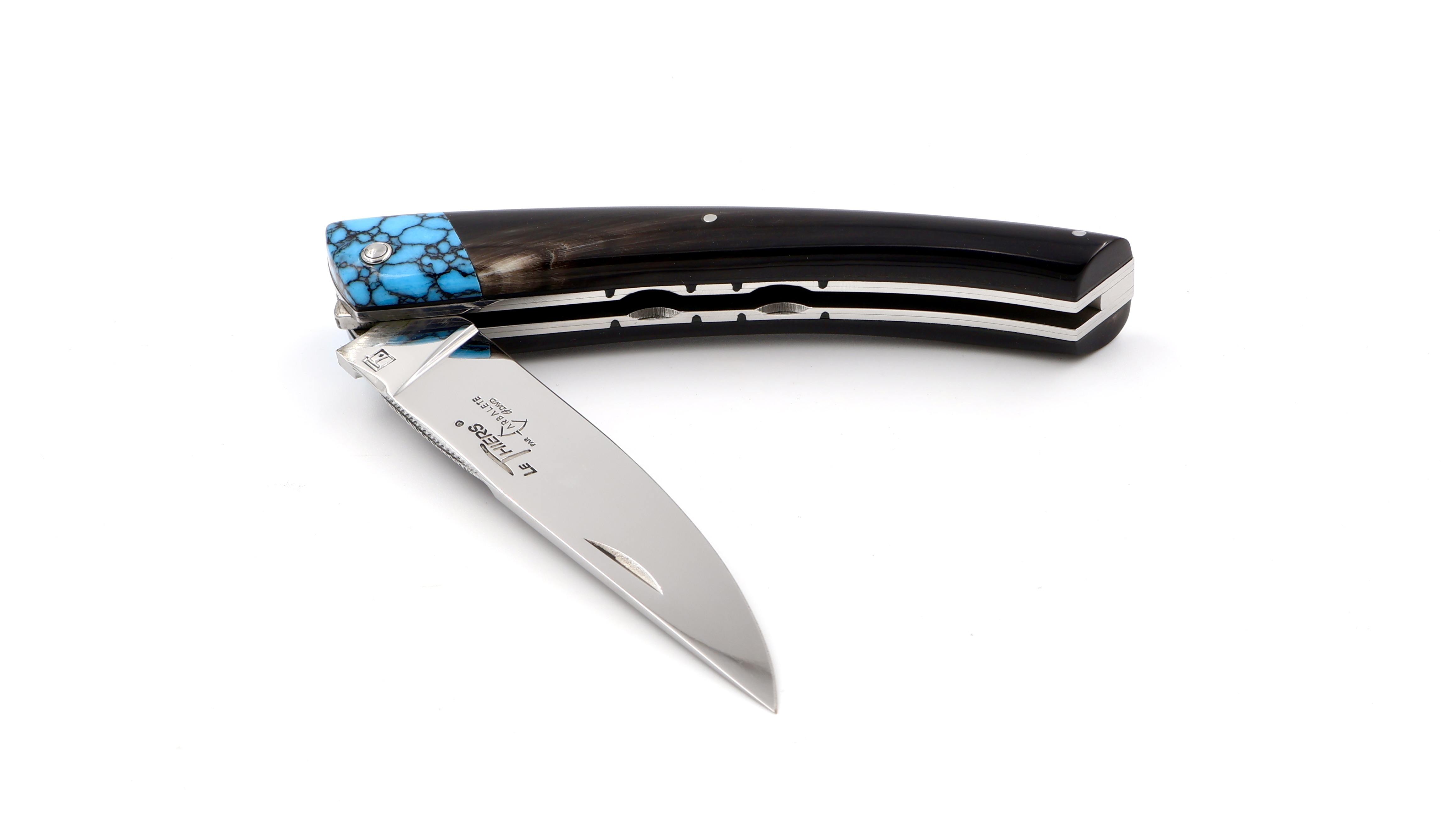 ARBALETE G. David Thiers Messer Doppelplatine Prestige Türkis/Büffelhorn 12 cm ARBALETE G. David Thiers Messer Doppelplatine Prestige Türkis/Büffelhorn 12 cm