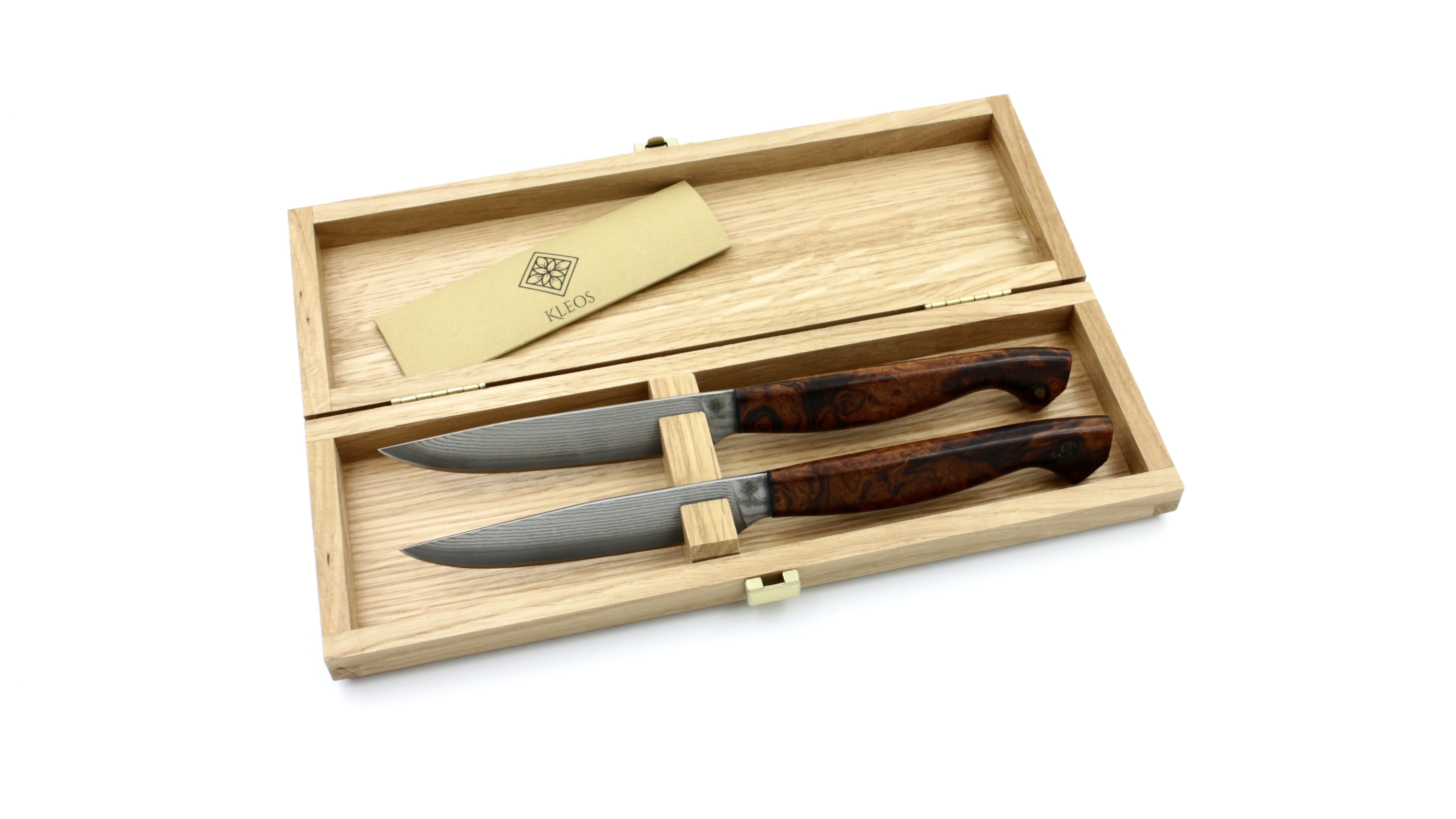 KLEOS Prestige Steakmesser VG 10 Damastklinge Wüsteneisen Wurzelholz Set 2-tlg.