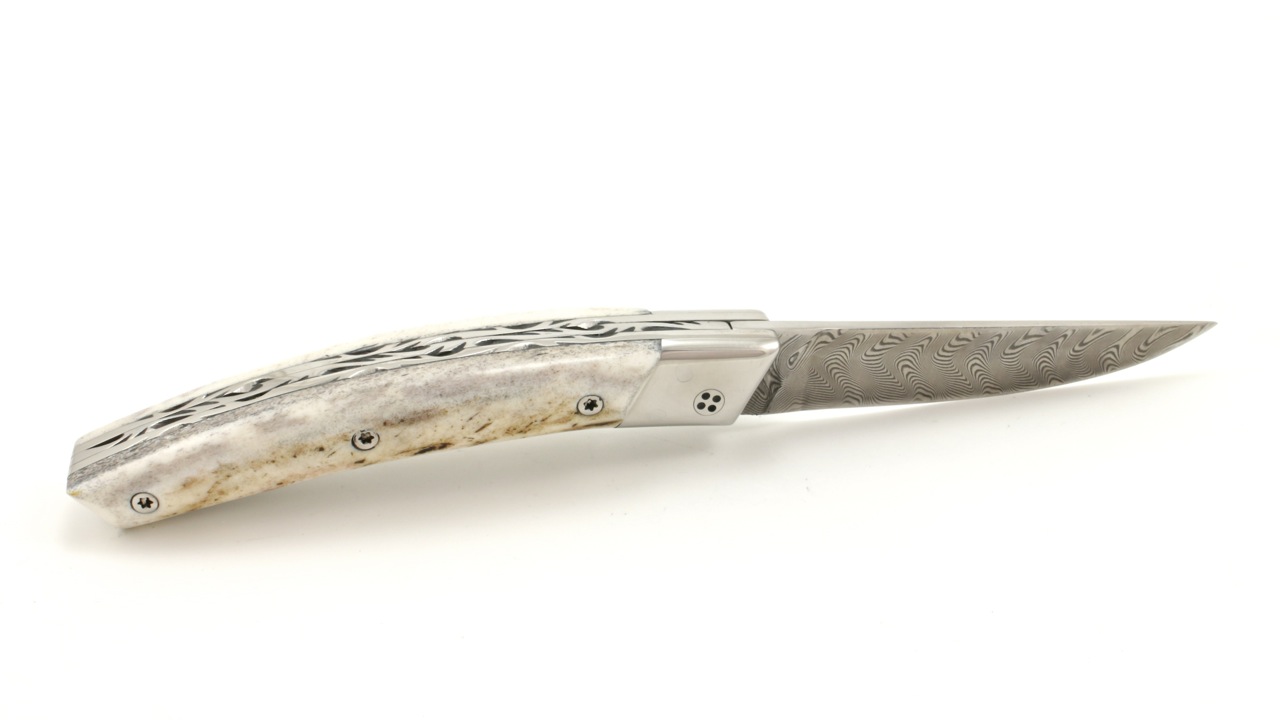 RLT-Hirsch-DA-6 Claude DOZORME Thiers RLT stag horn damascus blade