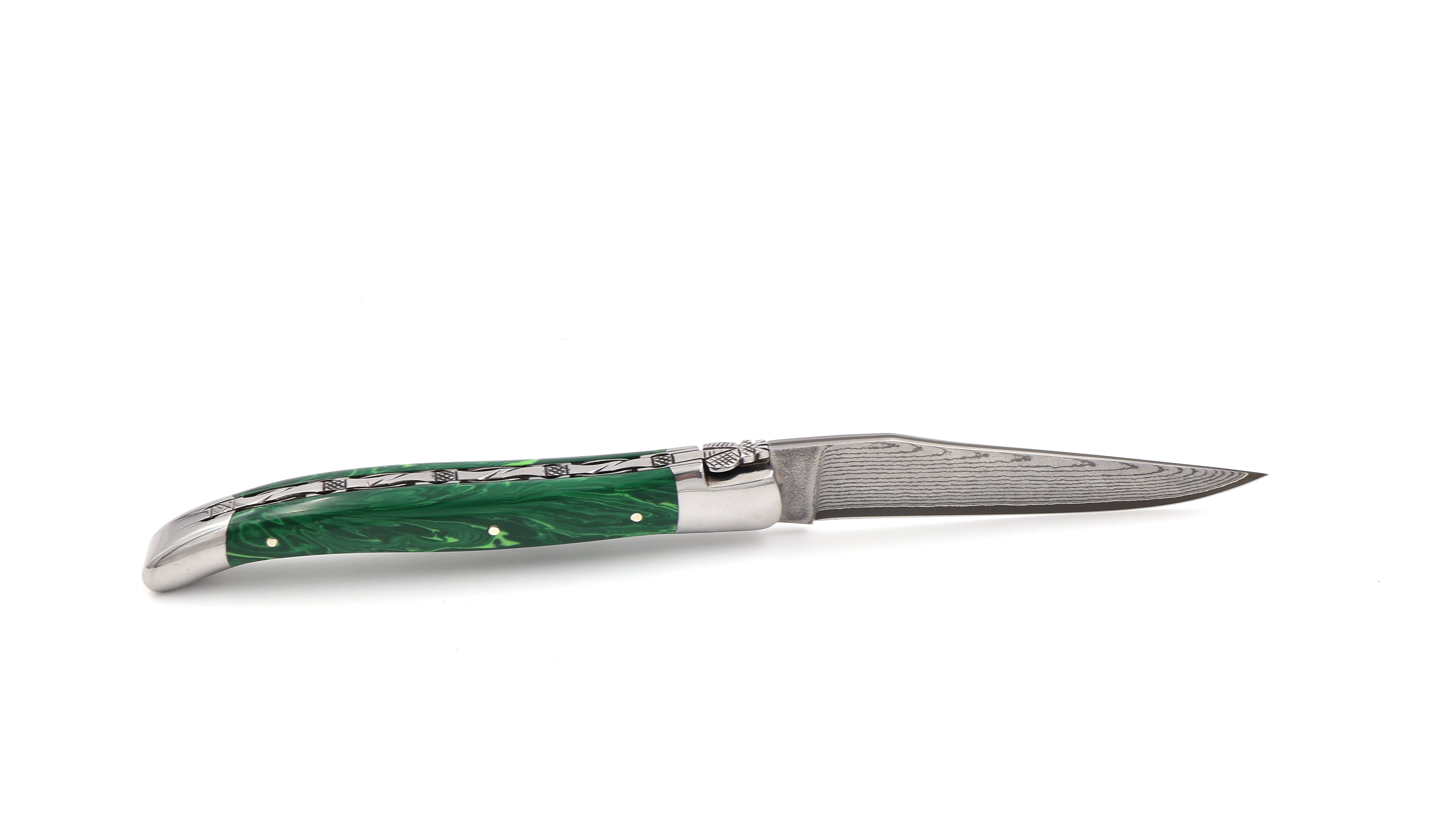 Laguiole en Aubrac knife jap. damascus Malachit with chiseled plates 12 cm