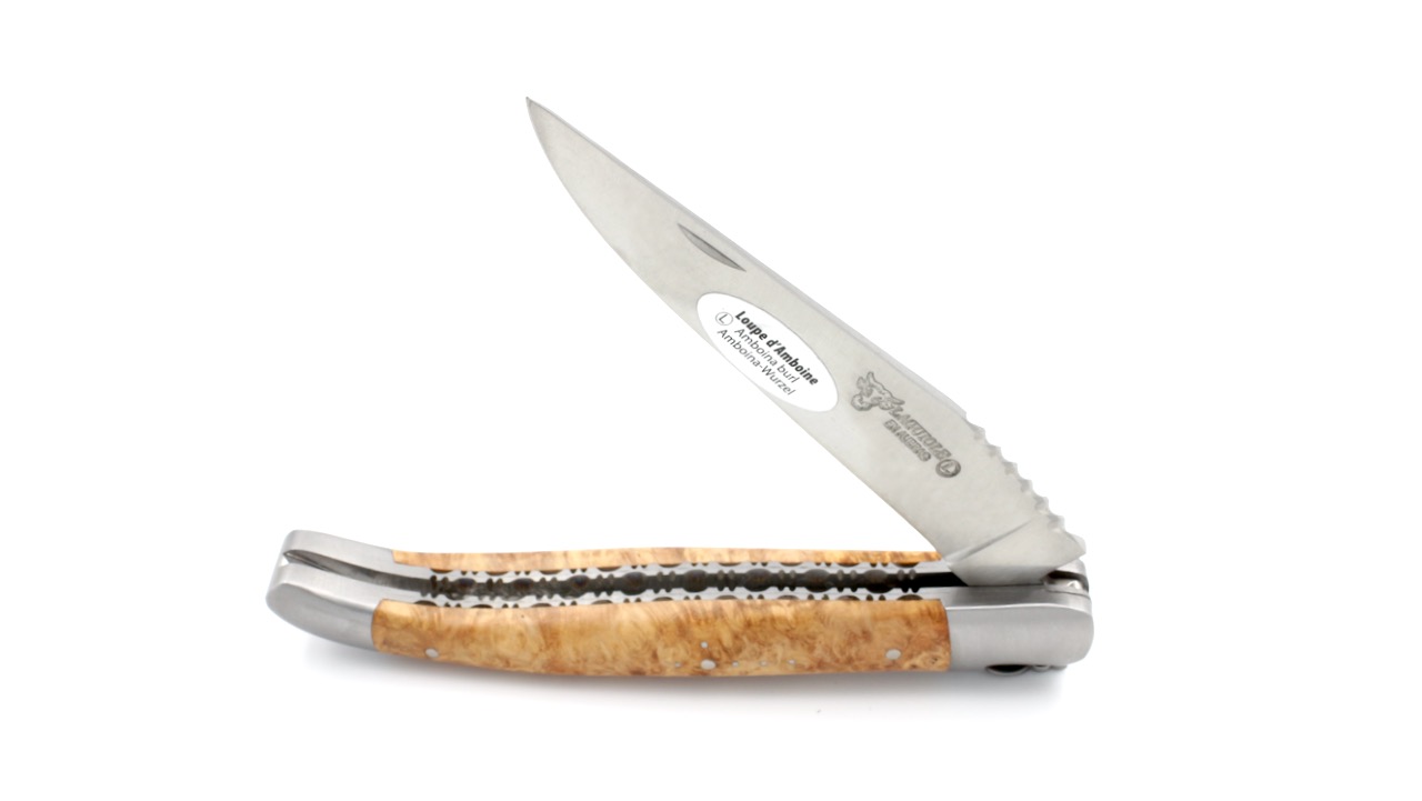 Laguiole en Aubrac doubleplate knife amboina burlwood spiral spring 12 cm