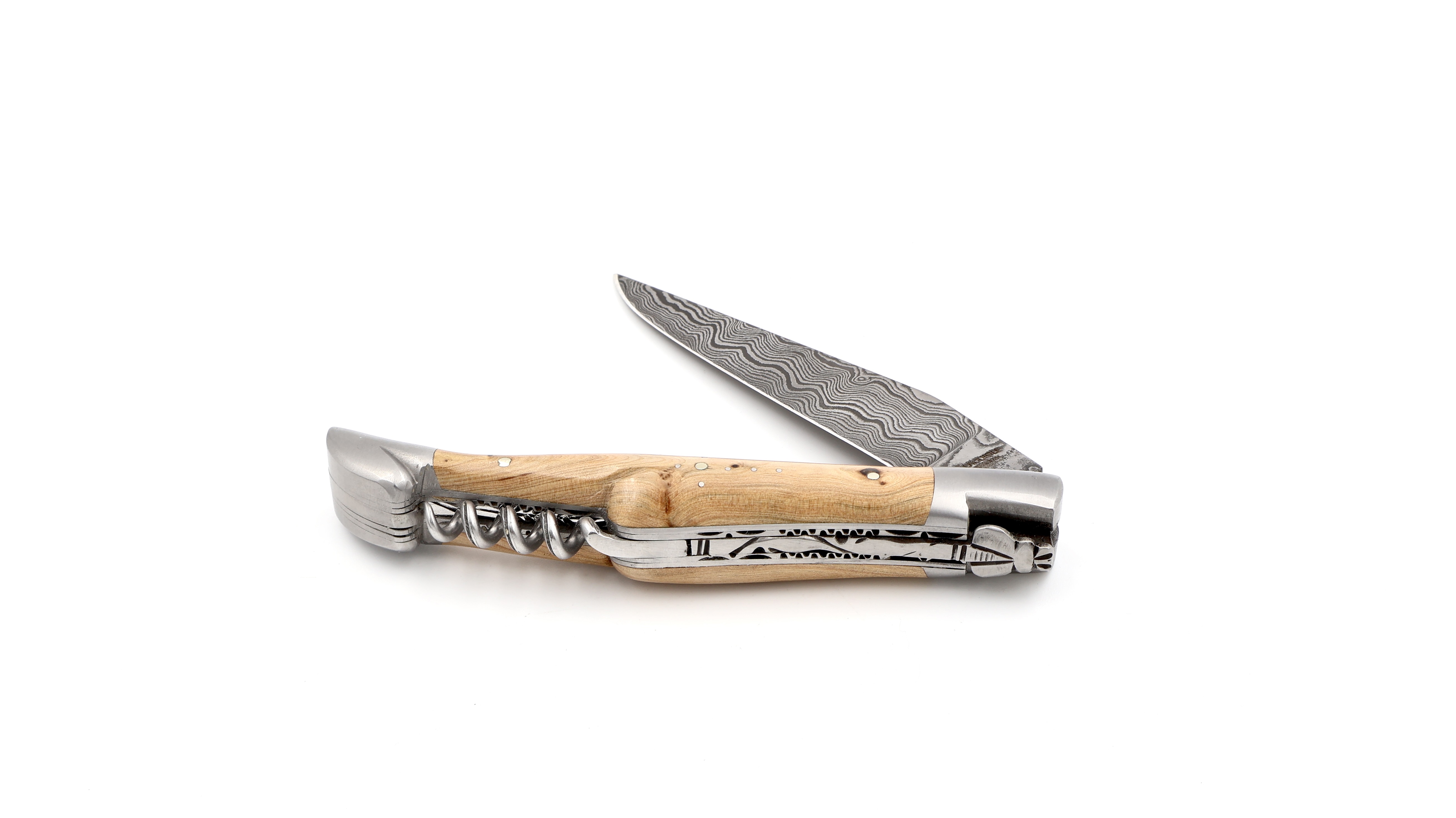 Laguiole en Aubrac double plate knife damascus corkscrew Juniper 12 cm
