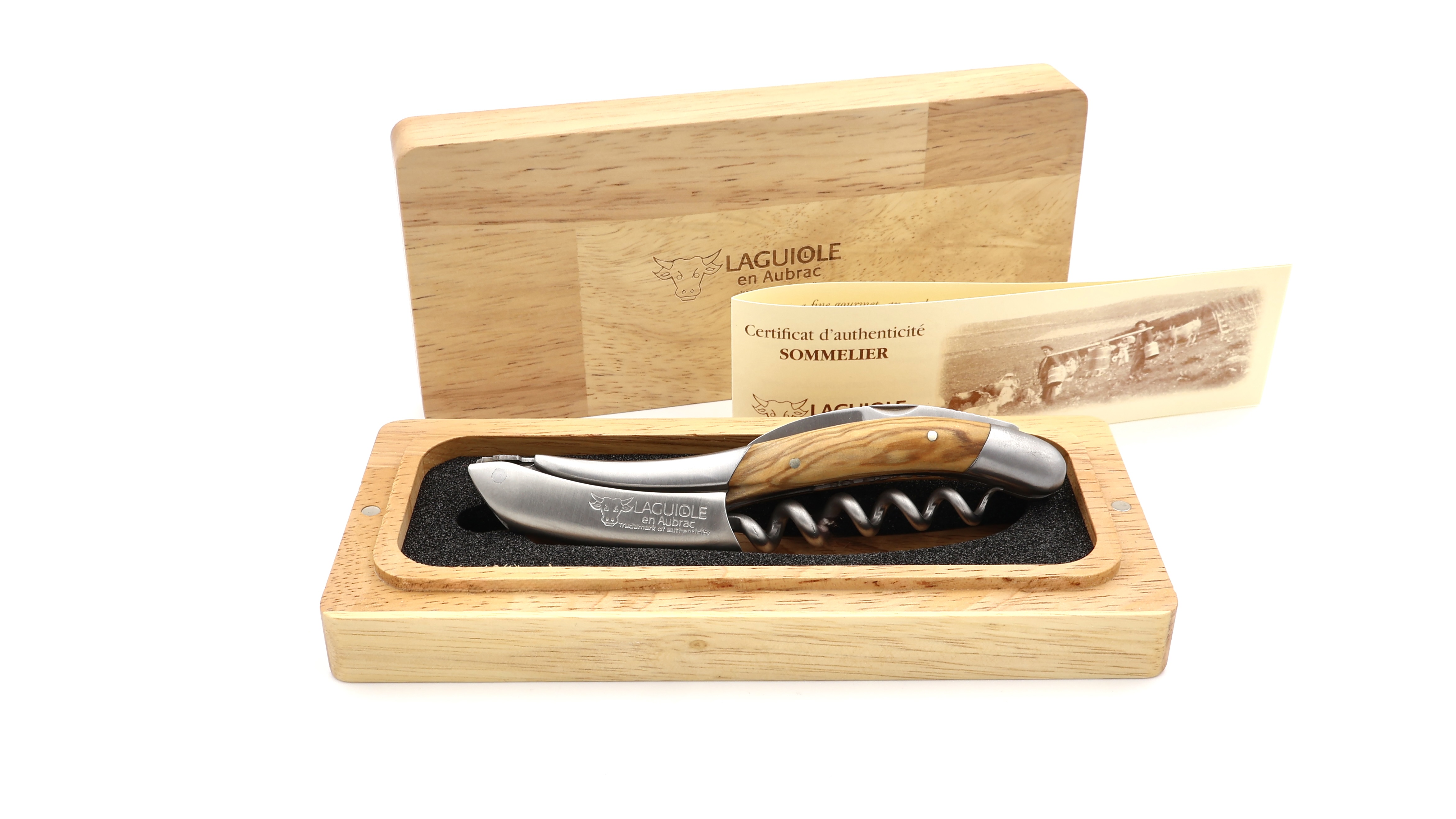 Laguiole en Aubrac Sommeliermesser Olive Biene Weintraube guillochiert