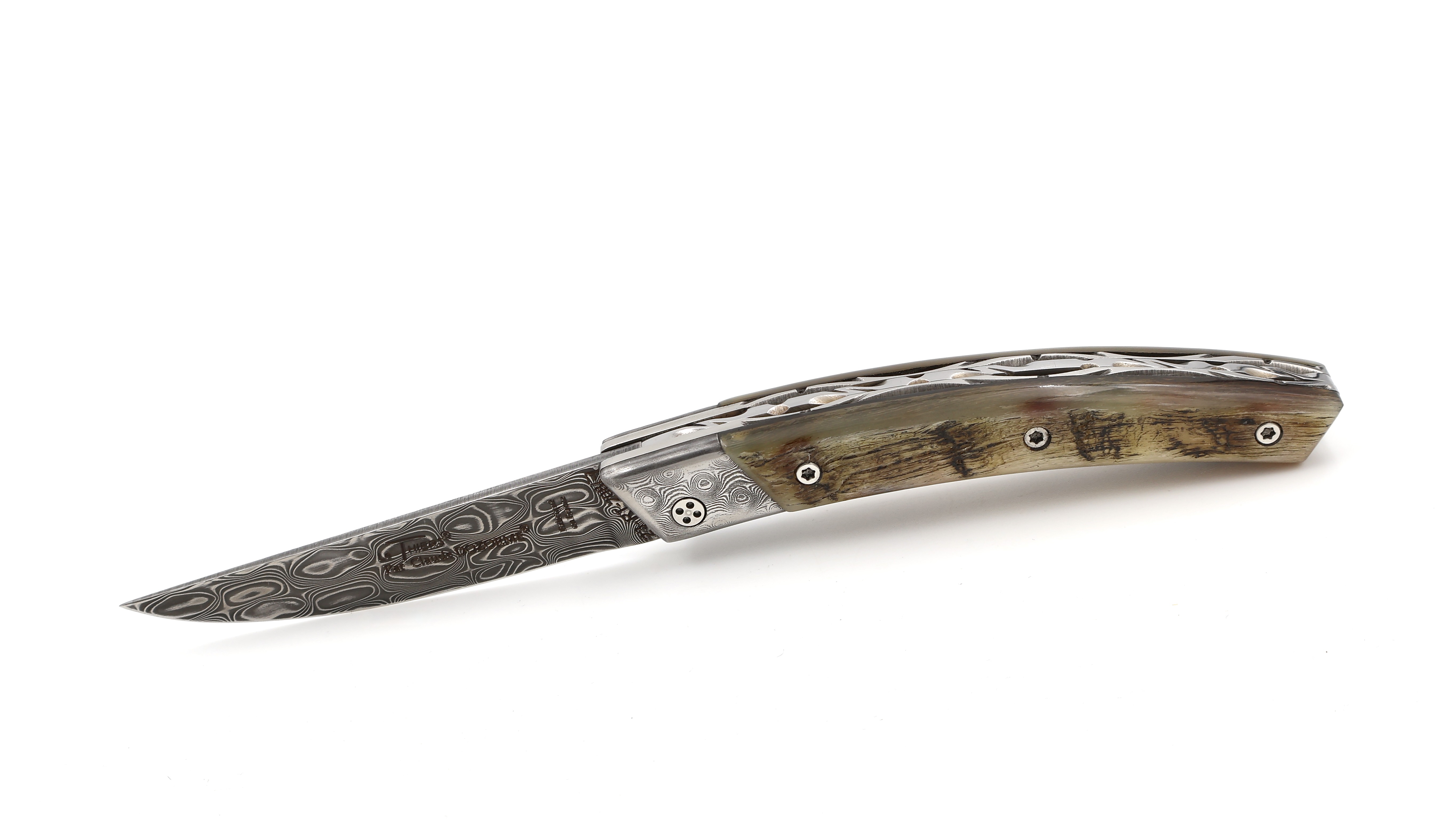 Claude DOZORME Thiers RLT ram horn damascus blade and bolsters Claude DOZORME Thiers RLT ram horn damascus blade and bolsters