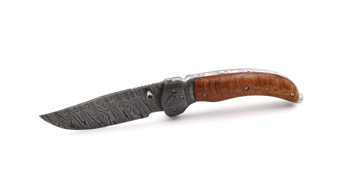 Olivier Moretti Linerlock Taschenmesser Bruyére-Wurzelholz Damastklinge 