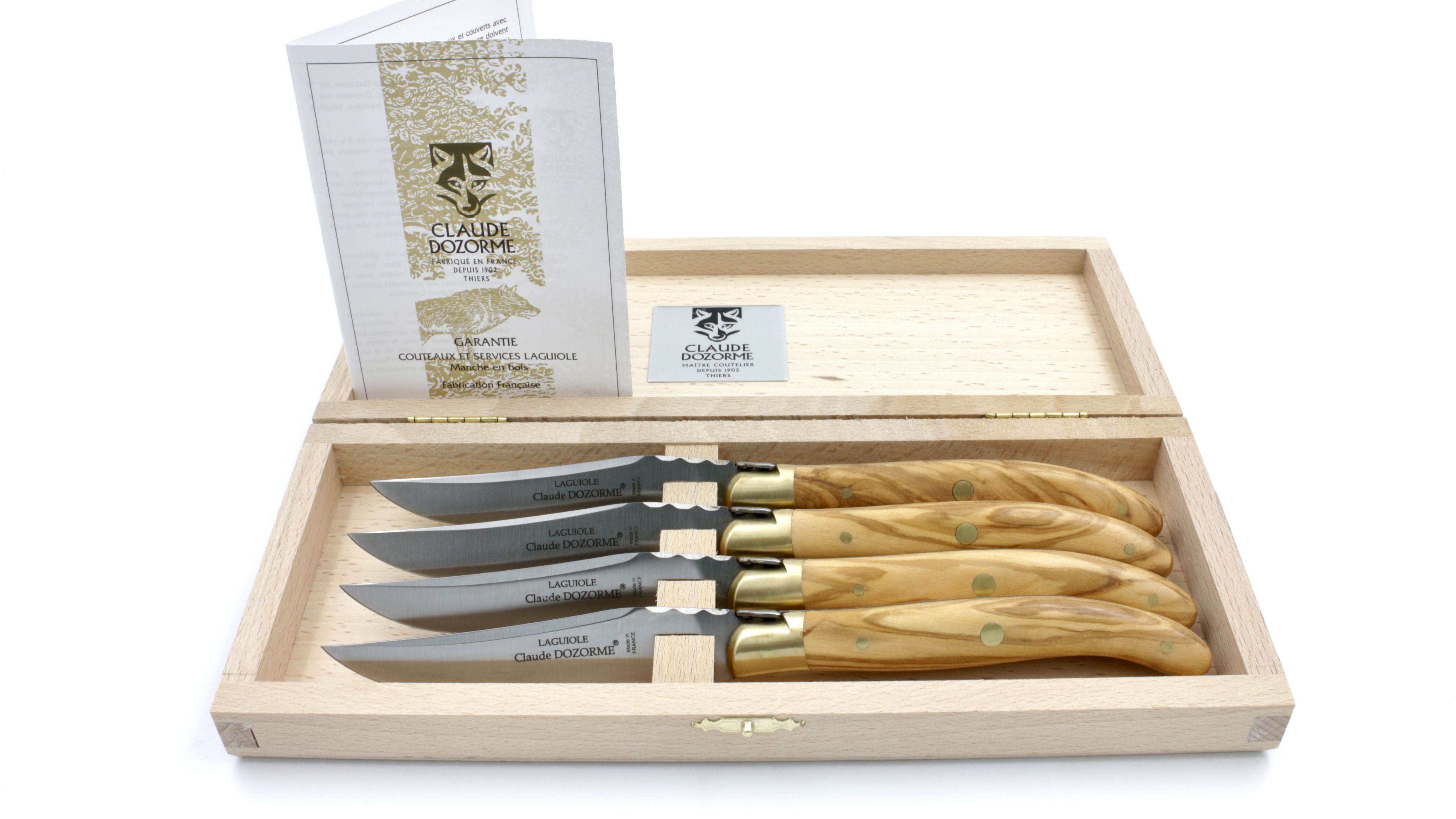 Claude DOZORME Laguiole Steakmesser Set 4-tlg. Olive Messingbacken