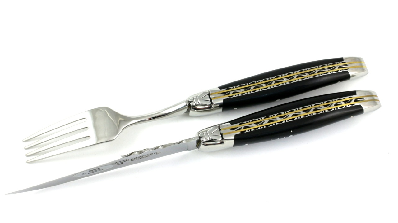 1M-1G-DP-EBENHOLZ-POLIERT-2 Laguiole en Aubrac Laguiole Doppelplatinen Besteckset 1 Steakmesser 1 Gabel Ebenholz Set 2-tlg. poli