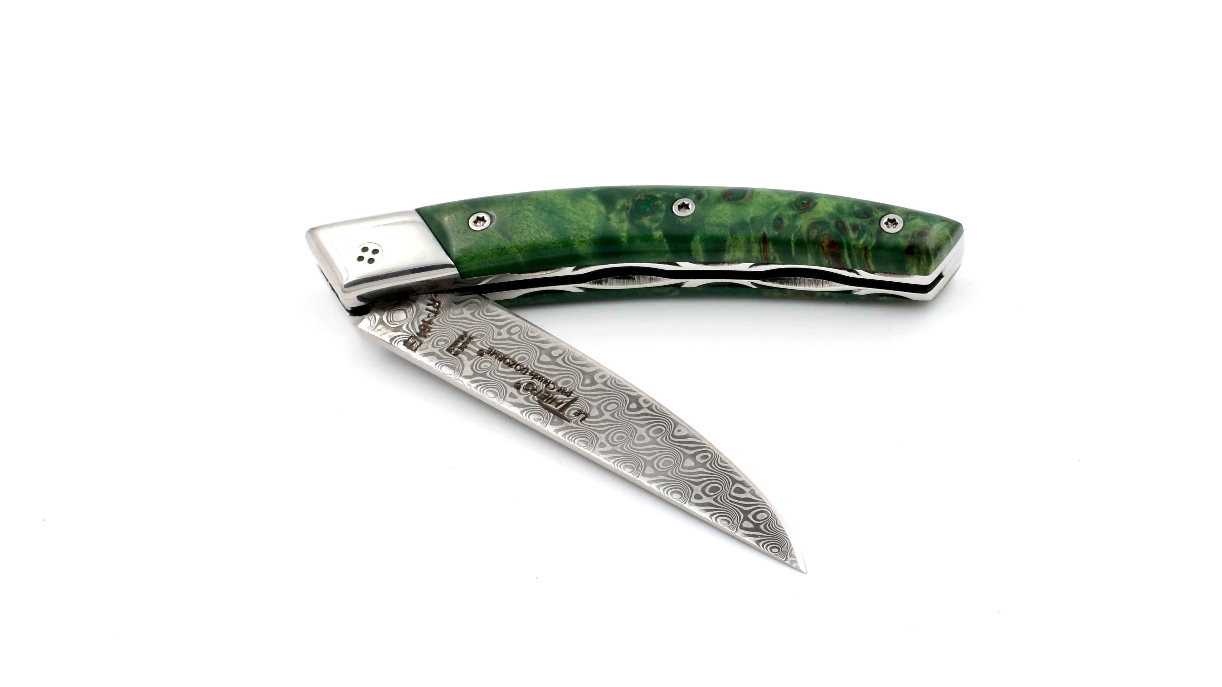 Claude DOZORME Thiers RLT poplar burl green damascus blade Claude DOZORME Thiers RLT poplar burl green damascus blade