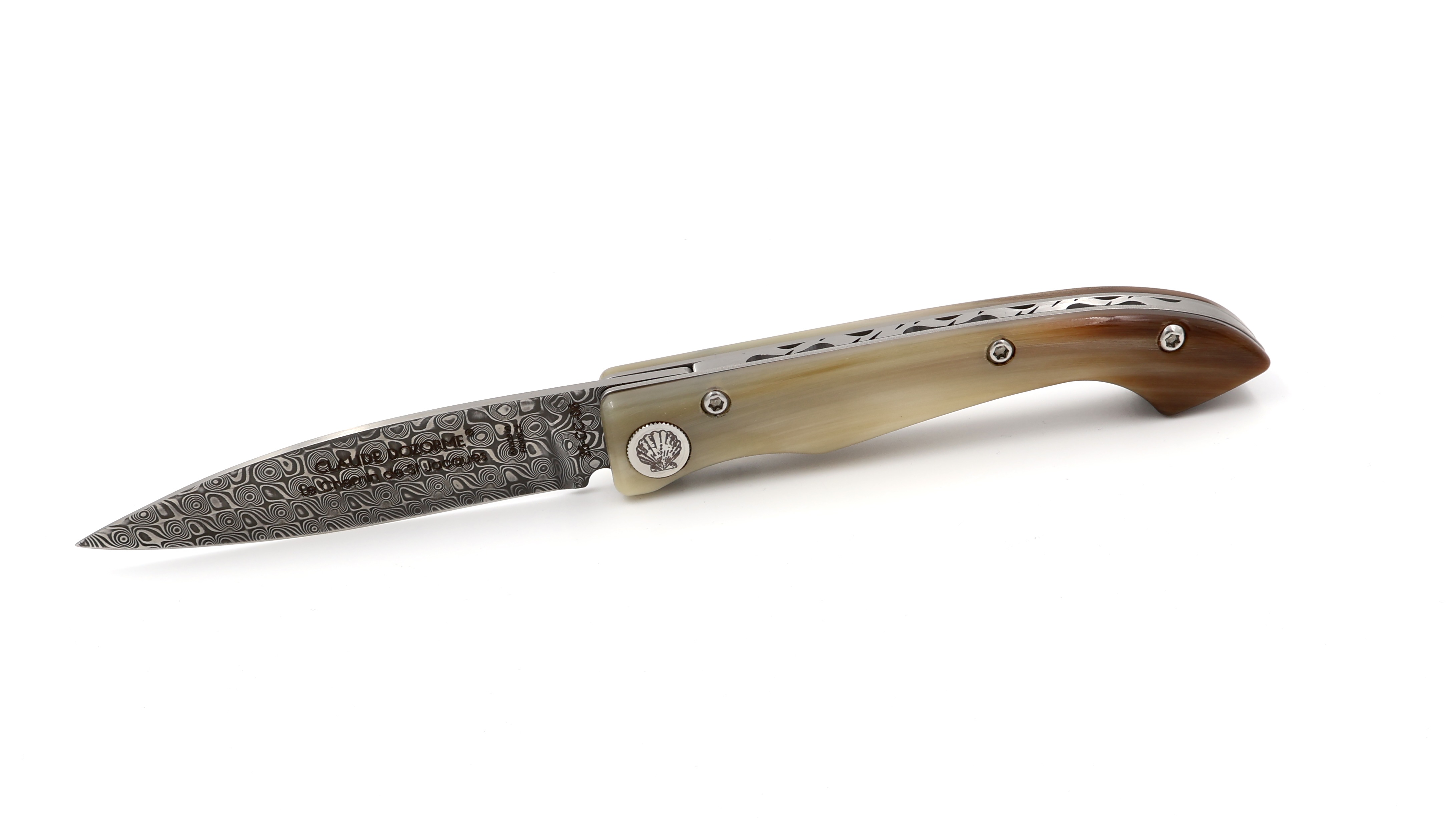 Claude DOZORME Capucin Compostelle horn tip damascus blade Claude DOZORME Capucin Compostelle horn tip damascus blade