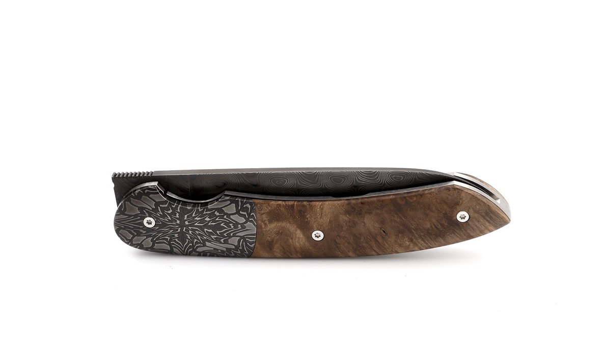 Benjamin Hée Liner Lock Taschenmesser Nussbaum Wurzelholz Achim Wirtz Damast 12 cm