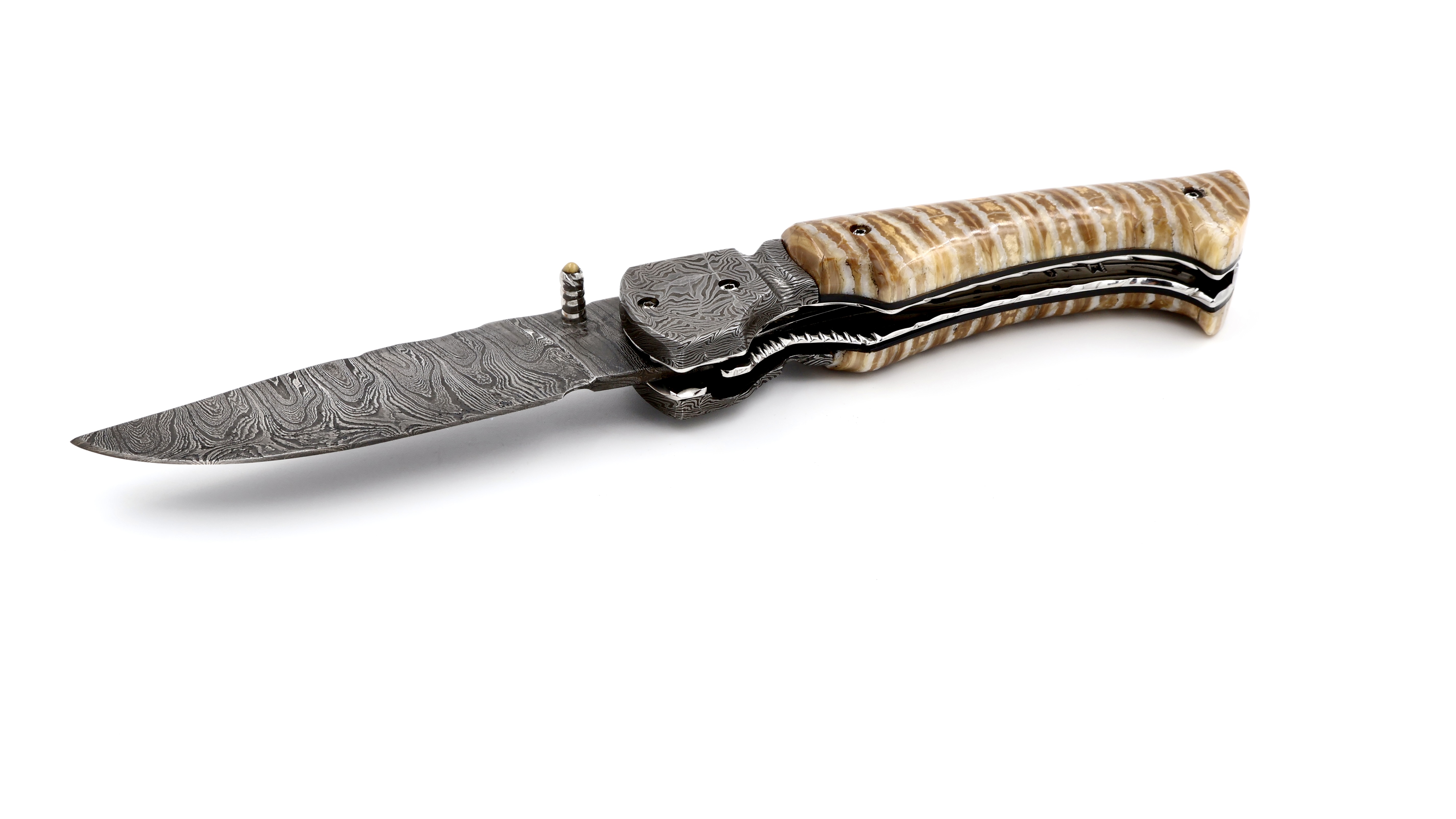 Olivier Moretti Linerlock Taschenmesser Mammutbackenzahn Damastklinge Olivier Moretti Linerlock Taschenmesser Mammutbackenzahn Damastklinge