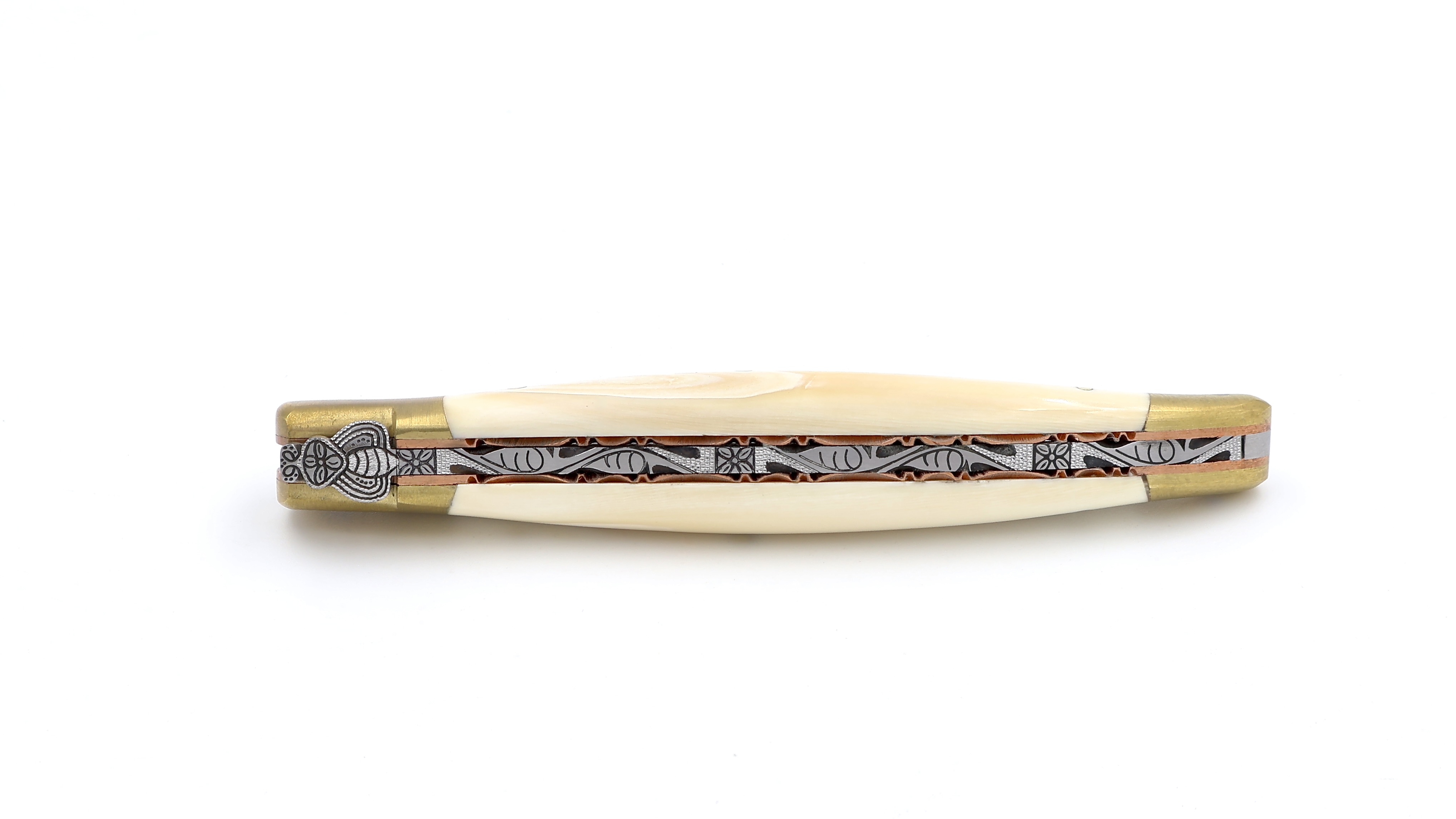 Laguiole en Aubrac jap. Damastklinge BIJOU Wüstenwarzenschwein Elfenbein guillochierte Platine 12 cm