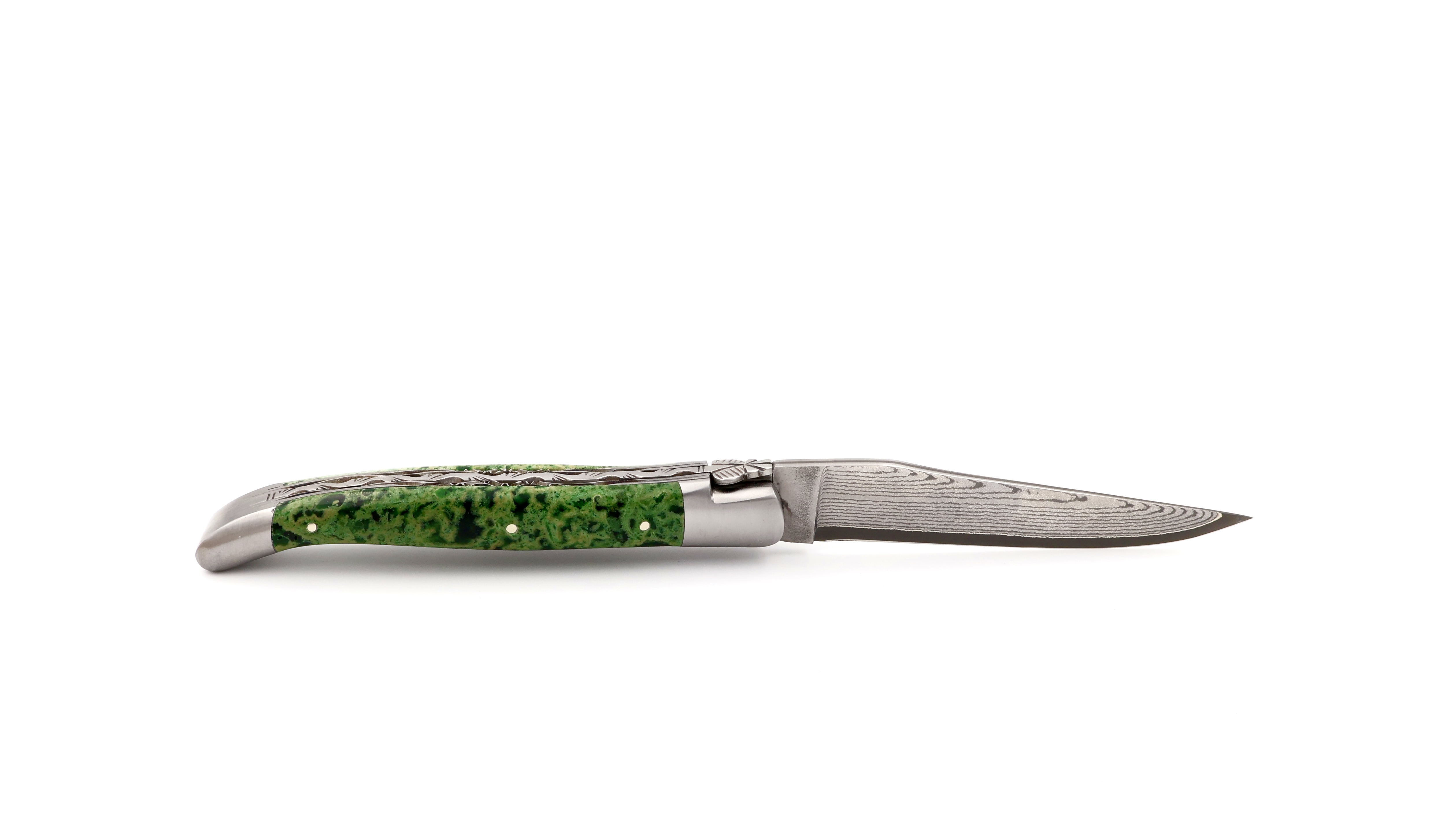 Laguiole en Aubrac Laguiole  VG10 damascus knife green lavastone doubelplates 12 cm