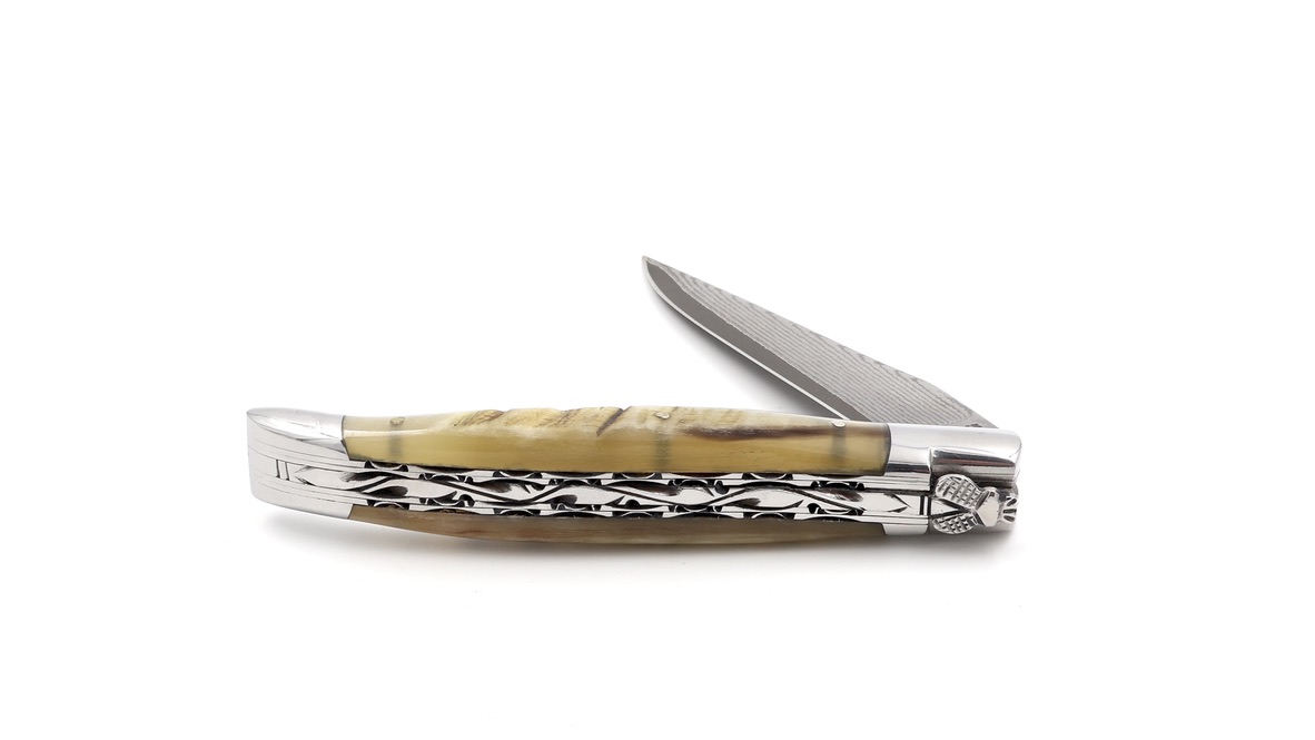 Laguiole en Aubrac jap. Damastklinge Widderhorn Doppelplatine 12 cm