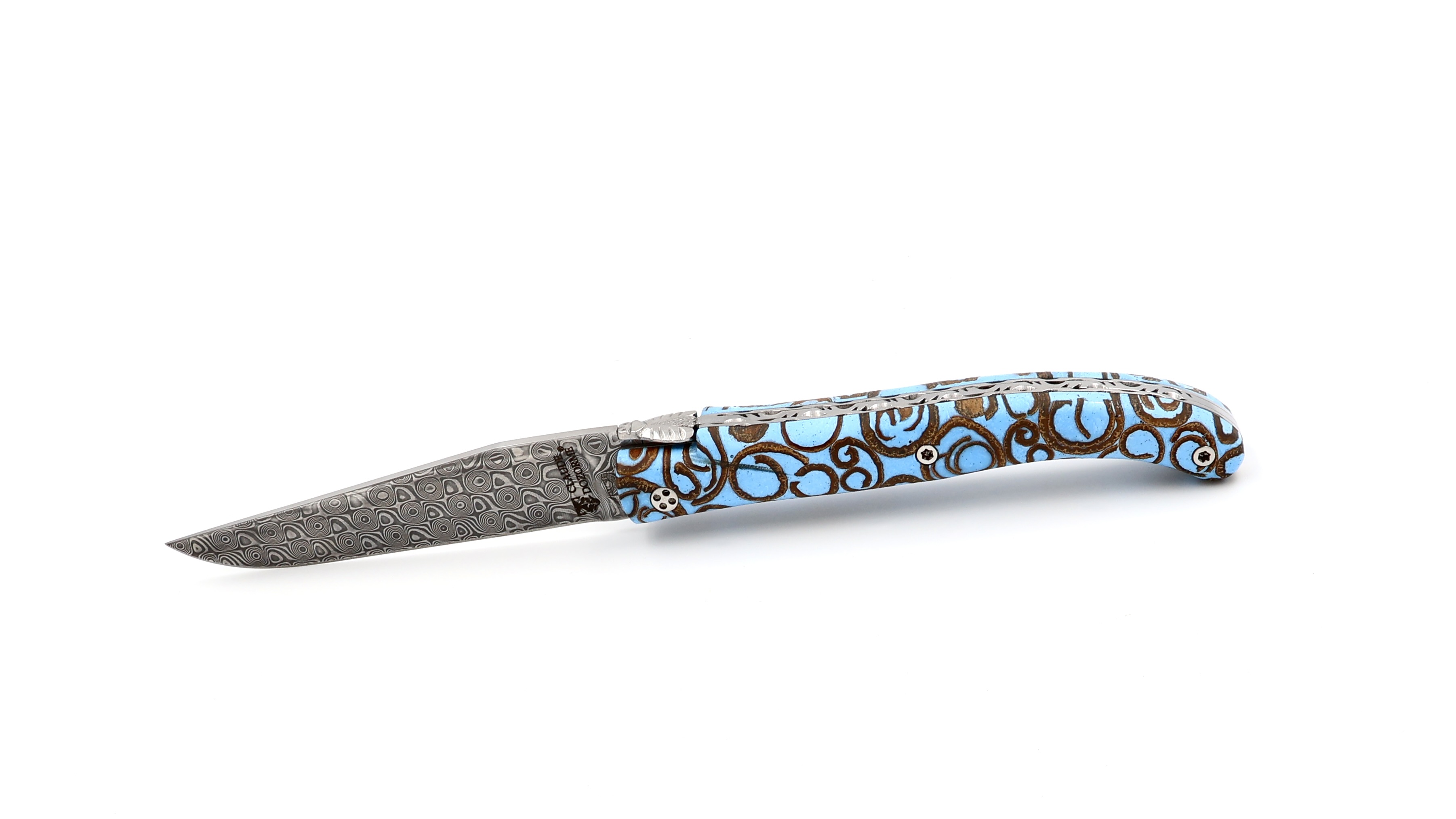 Claude DOZORME Laguiole Canella lightblue 12 cm damascus Claude DOZORME Laguiole Canella lightblue 12 cm damascus