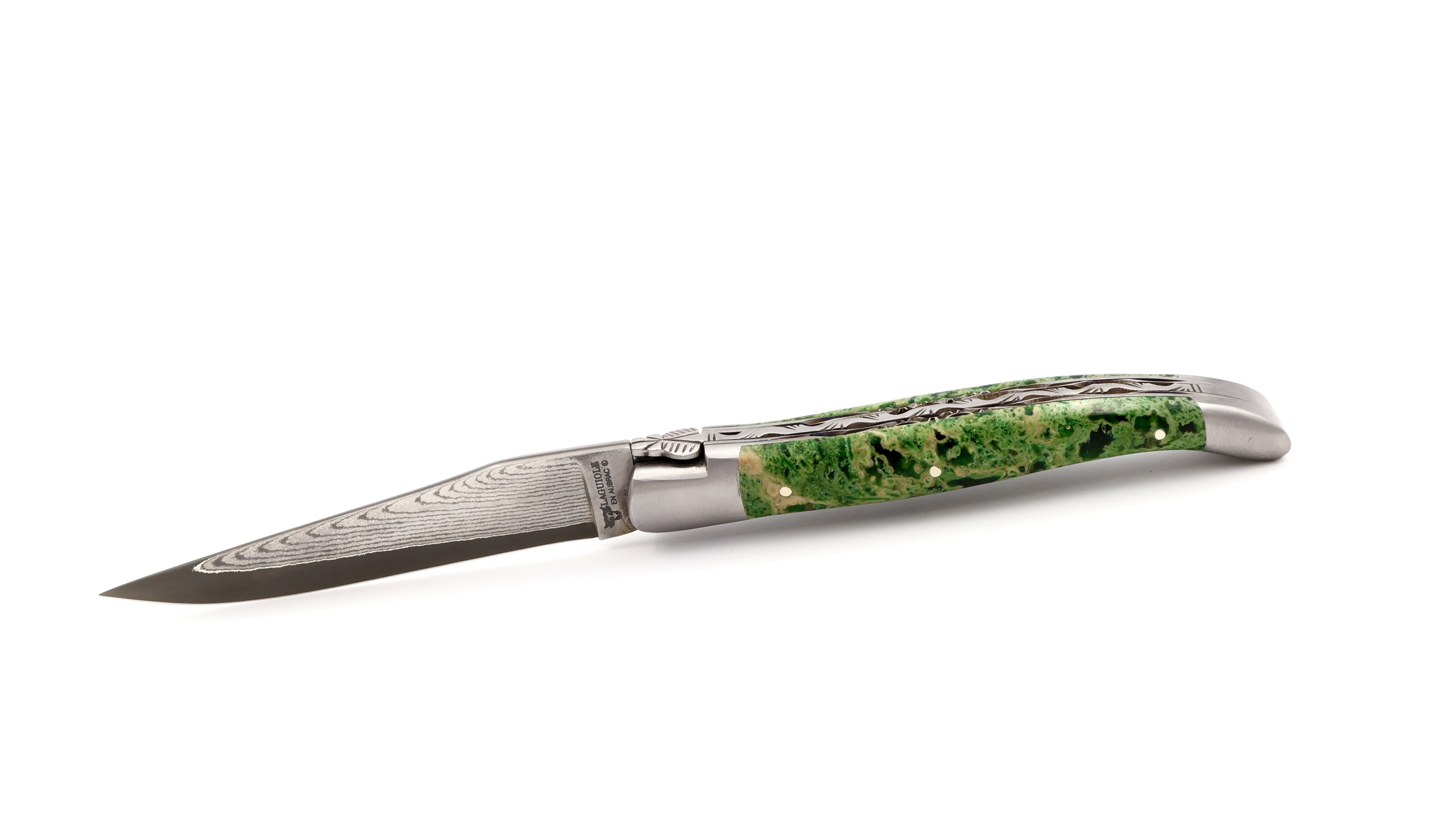Laguiole en Aubrac Laguiole  VG10 damascus knife green lavastone doubelplates 12 cm