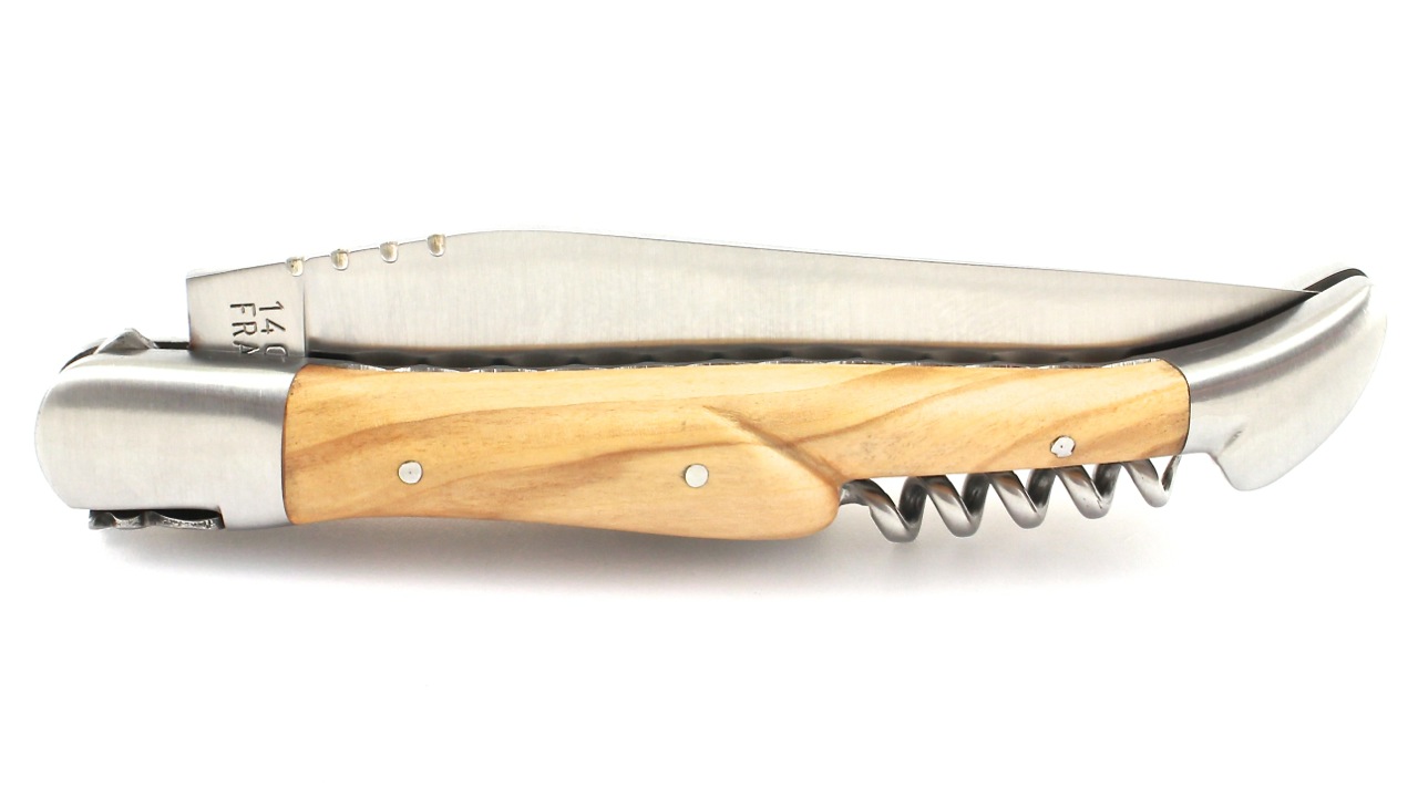 Honoré Durand Laguiole knife Prestige doubleplates with corkscrew olive wood 14C28 12 cm